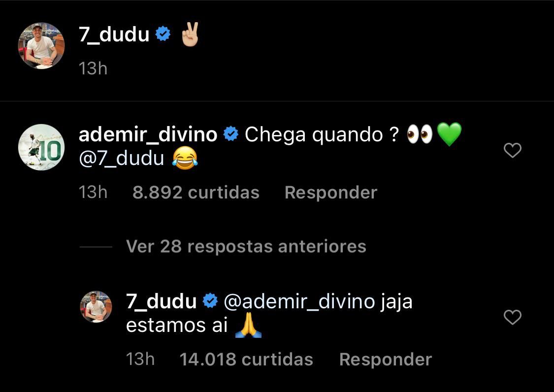 No instagram, Dudu sinaliza volta ao Palmeiras em resposta a Ademir da Guia