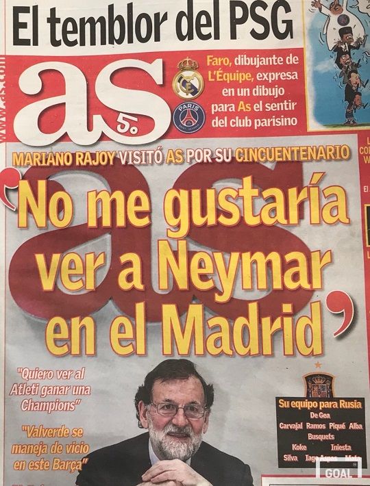 13일(현지시간) 스페인 스포츠 신문 '아스' 1면에 등장한 스페인 총리 마리아노 라호이. 사진=골닷컴 이하영 에디터