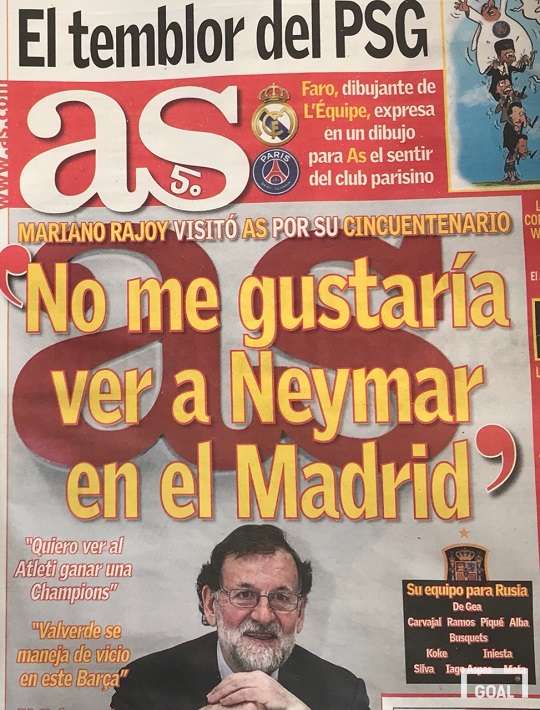 13일(현지시간) 스페인 스포츠 신문 '아스' 1면에 등장한 스페인 총리 마리아노 라호이. 사진=골닷컴 이하영 에디터