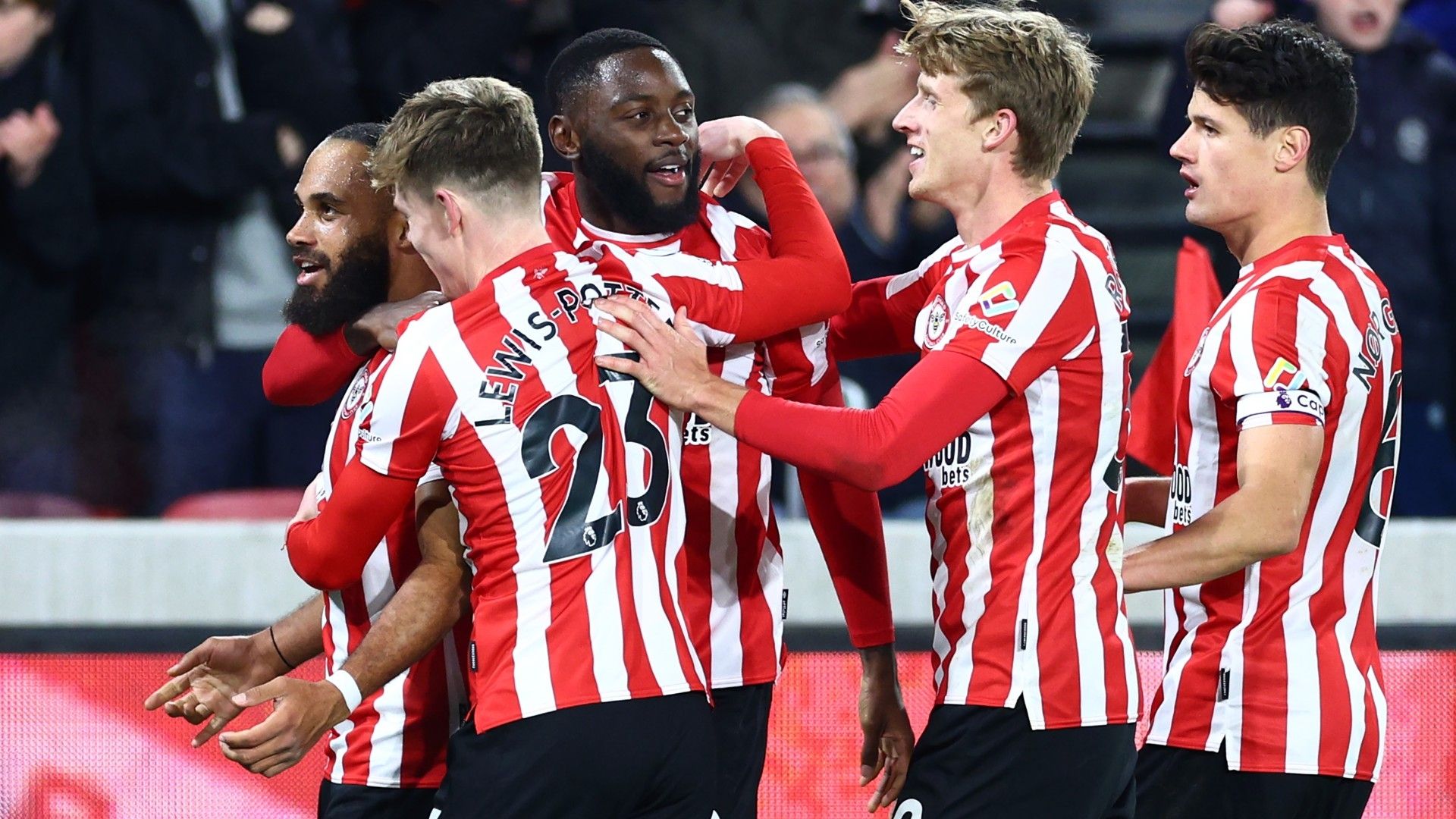 Brentford celebrates goal against Liverpool