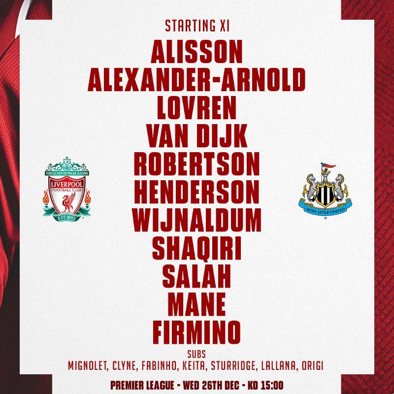 Liverpool vs Newcastle Line up Premier League 261218