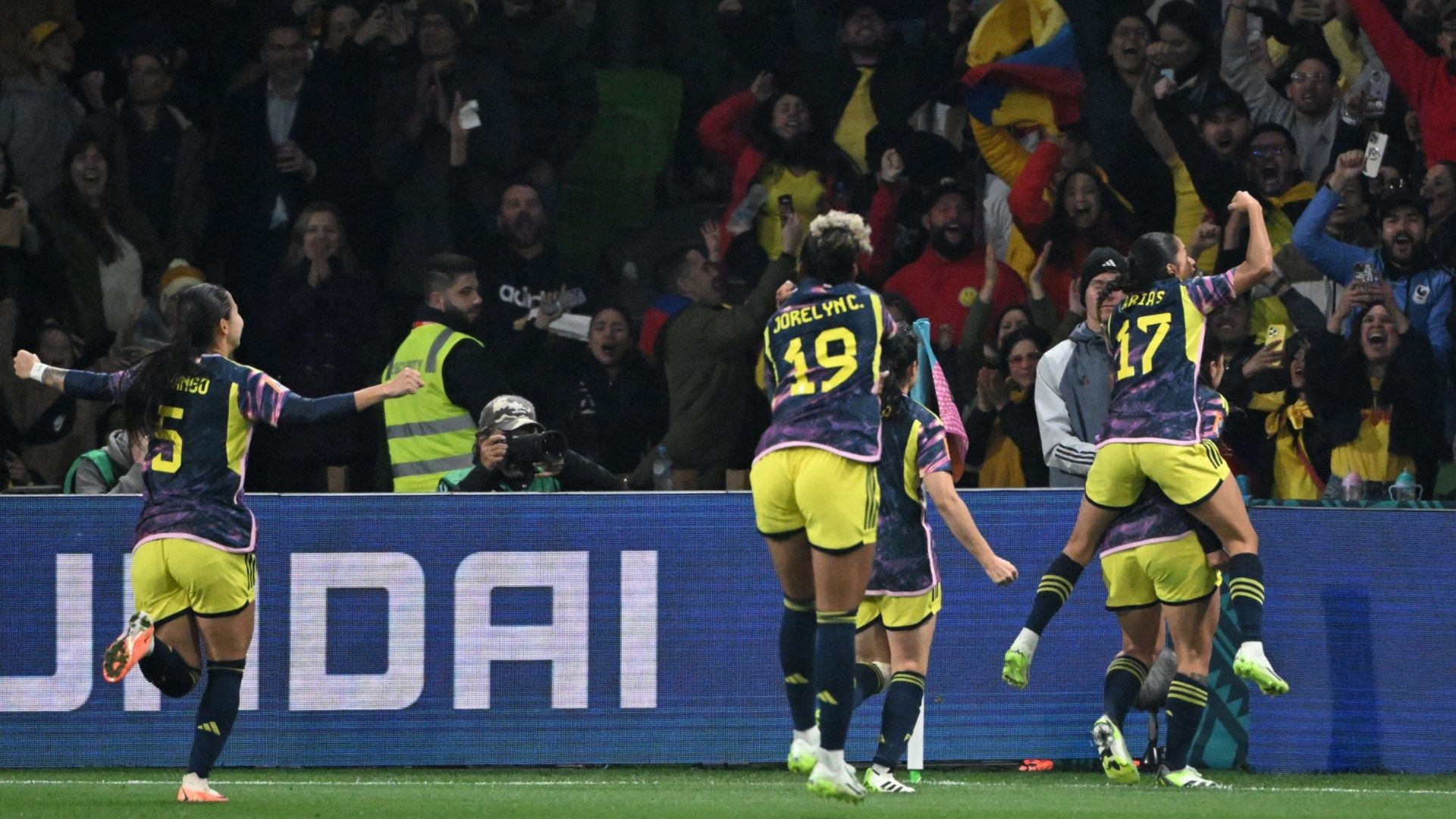 Catalina Usme and team-mates celebrate her opening goal for Colombia against Jamaica at the Women's World Cup