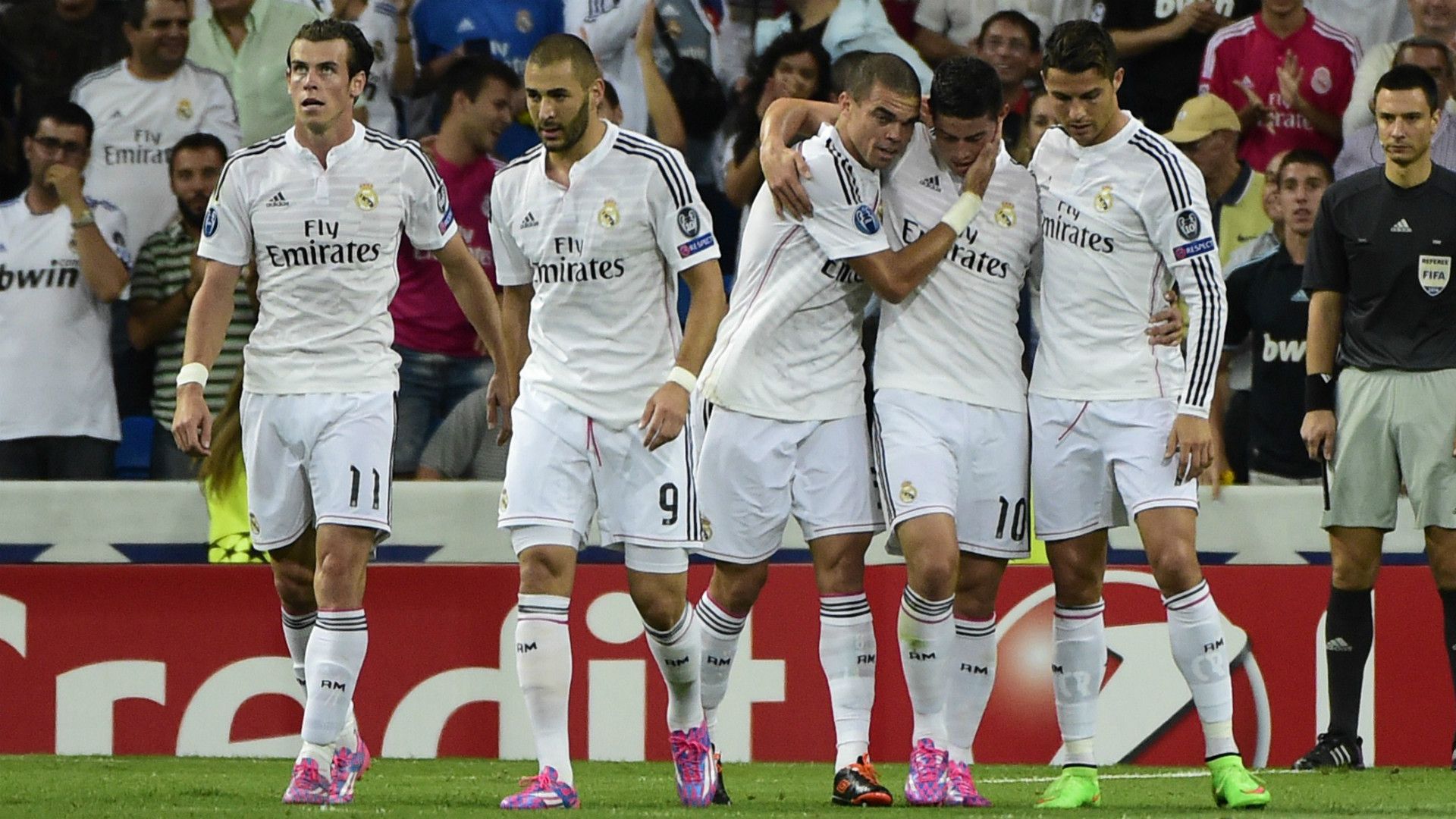 Gareth Bale Karim Benzema Pepe James Rodriguez Cristiano Ronaldo Real Madrid Basel UEFA Champions League