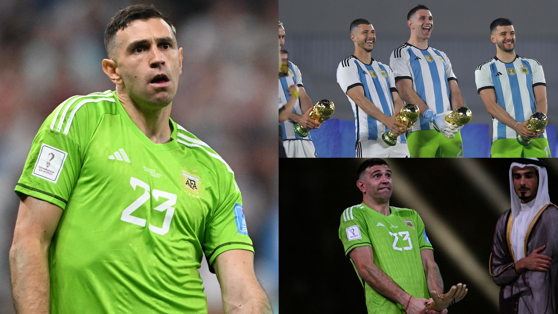 Emiliano Martinez World Cup trophy Golden Glove celebration