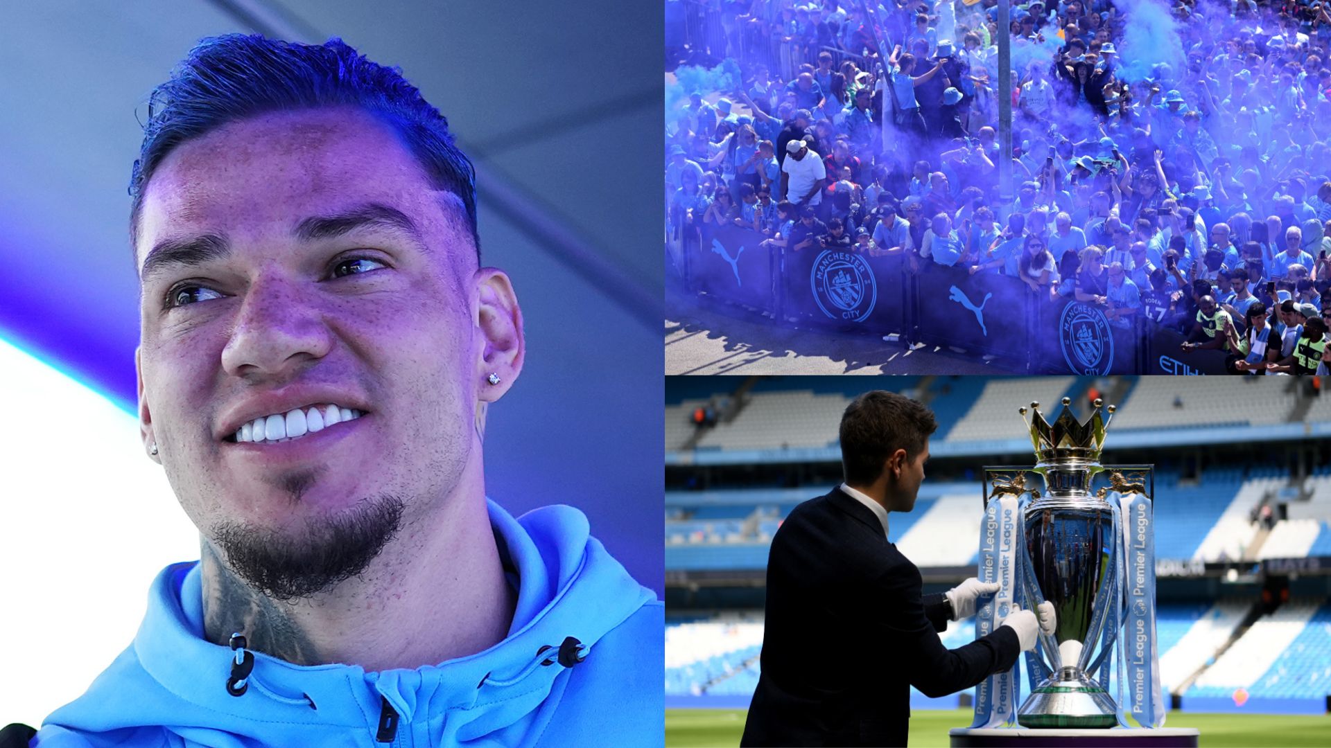 Ederson Manchester City hair Premier League trophy