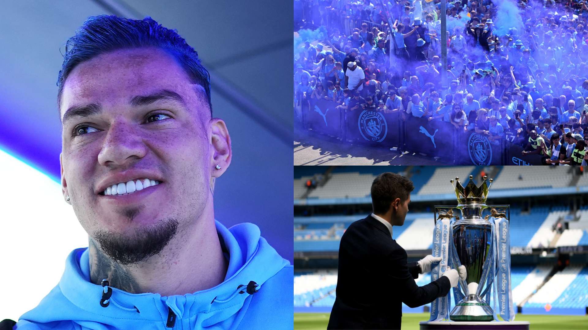 Ederson Manchester City hair Premier League trophy