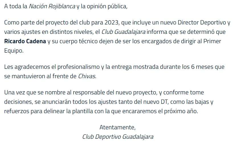 Anuncio Chivas destitución Ricardo Cadena