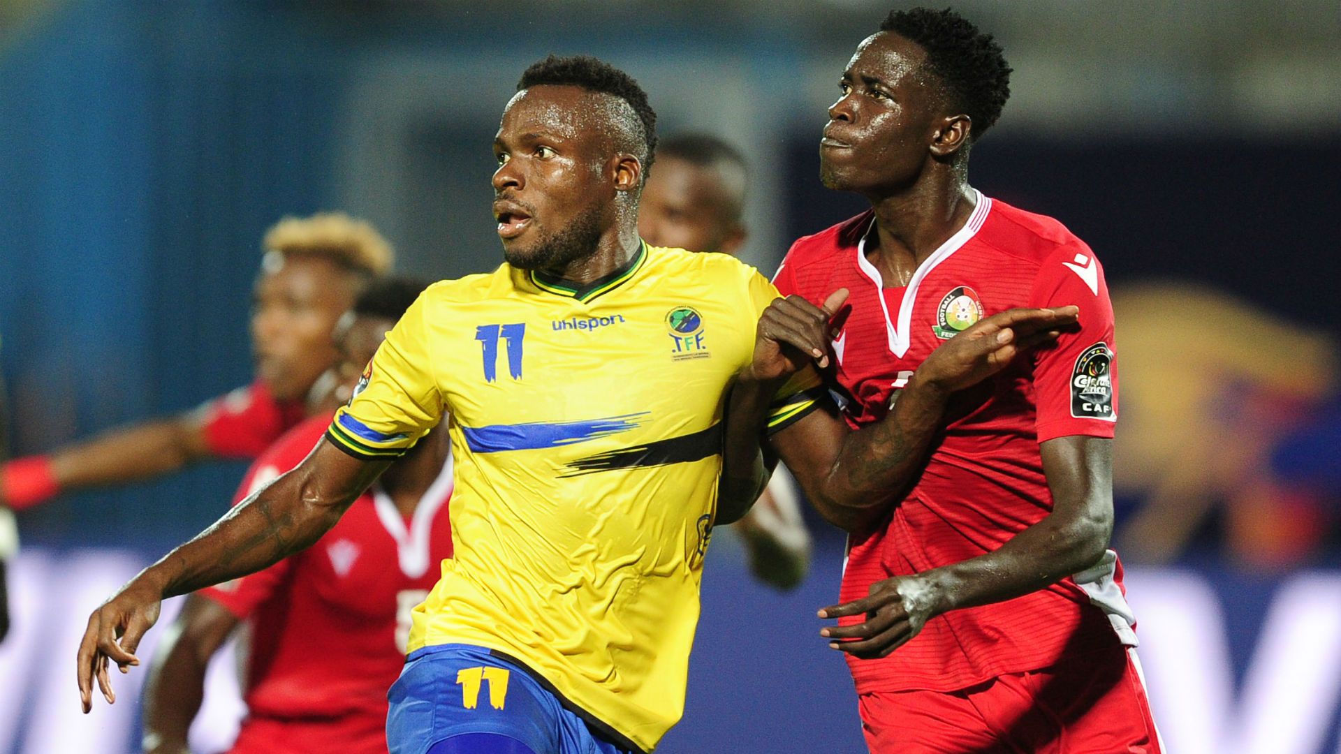 Thomas Ulimwengu of Tanzania and Joseph Okumu of Kenya and Harambee Stars.