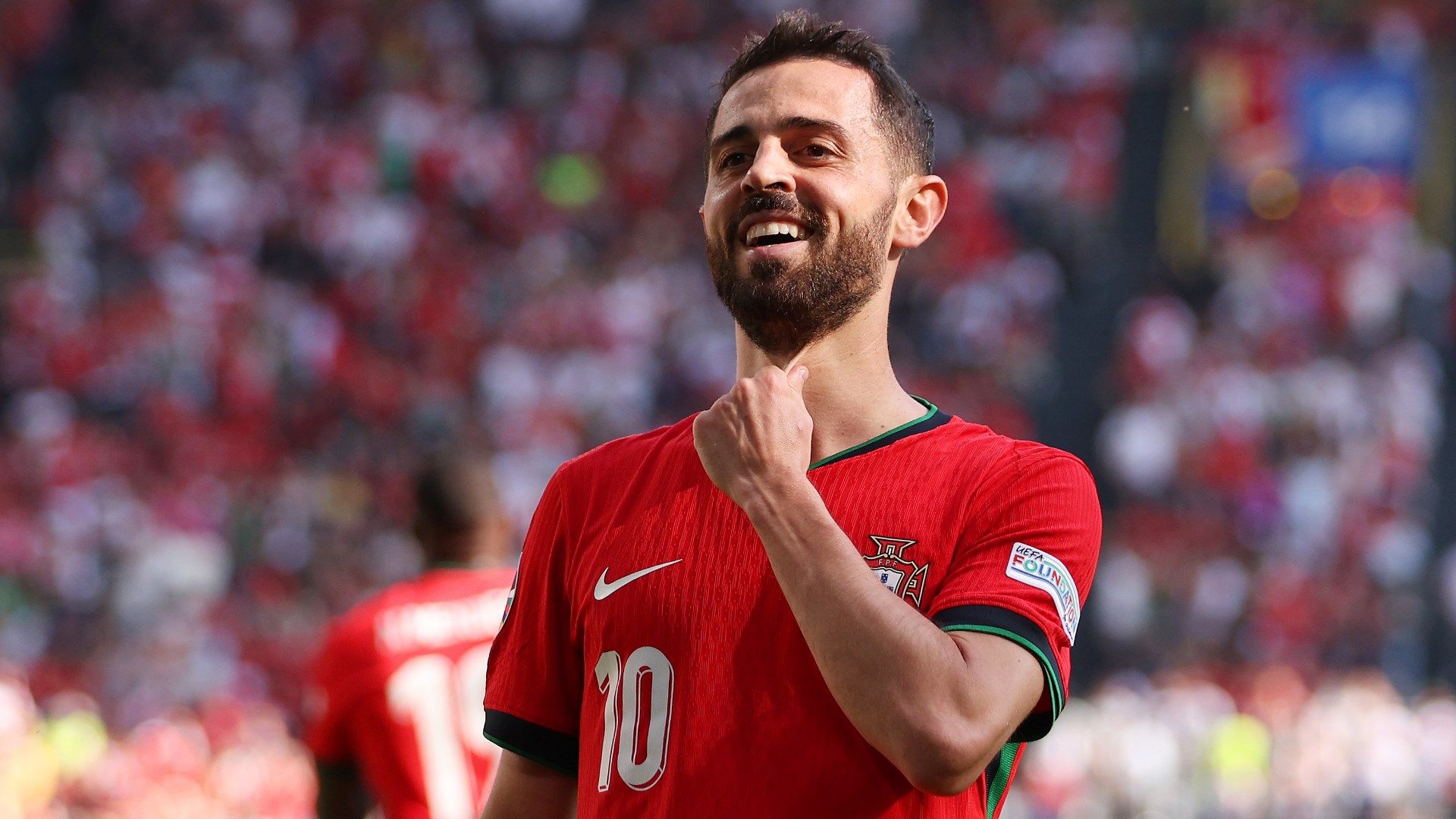 Bernardo Silva celebrates scoring for Portugal against Turkey at Euro 2024