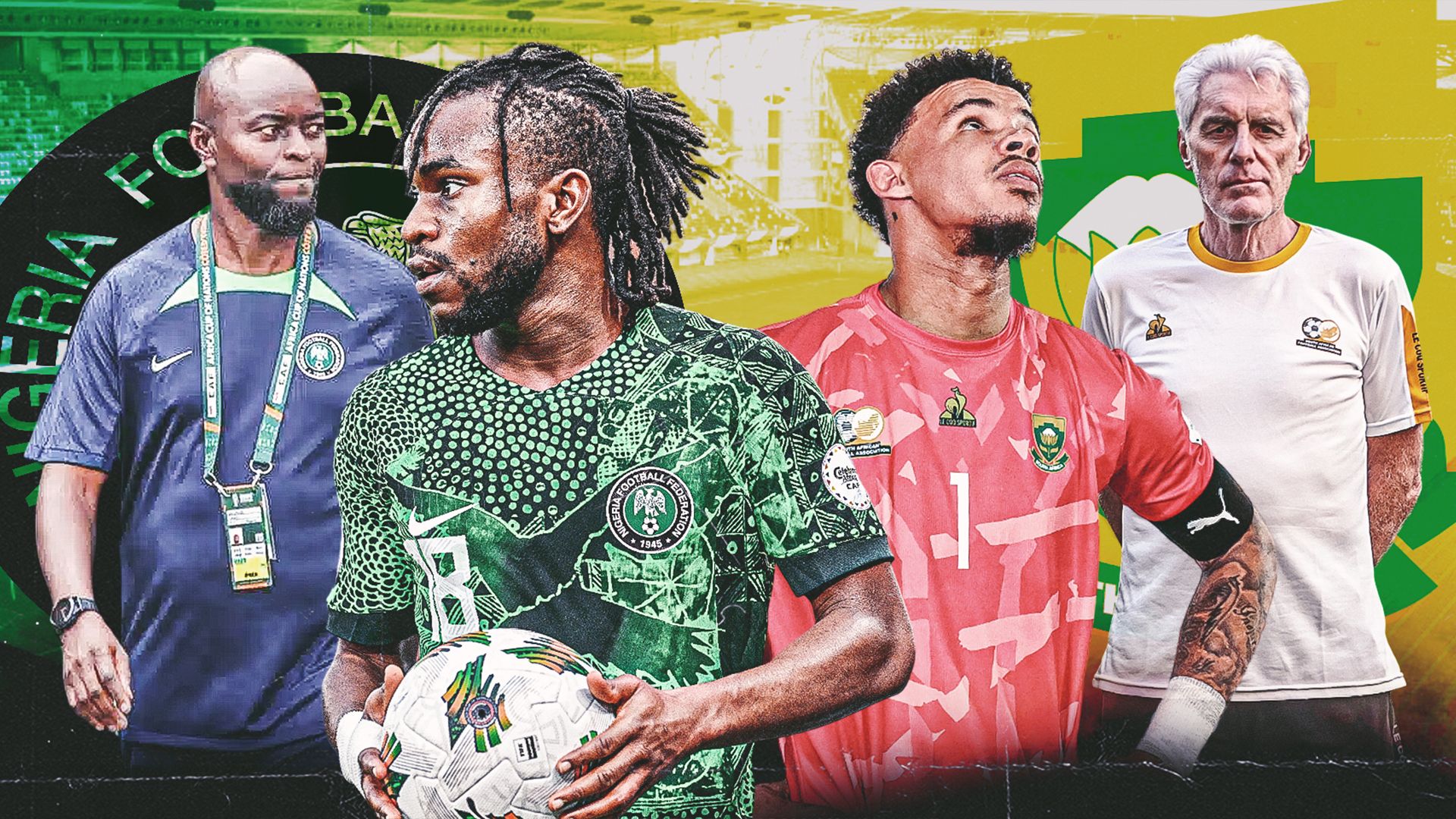 Hugo Broos and Ronwen Williams of South Africa, Finidi George and Ademola Lookman of Nigeria