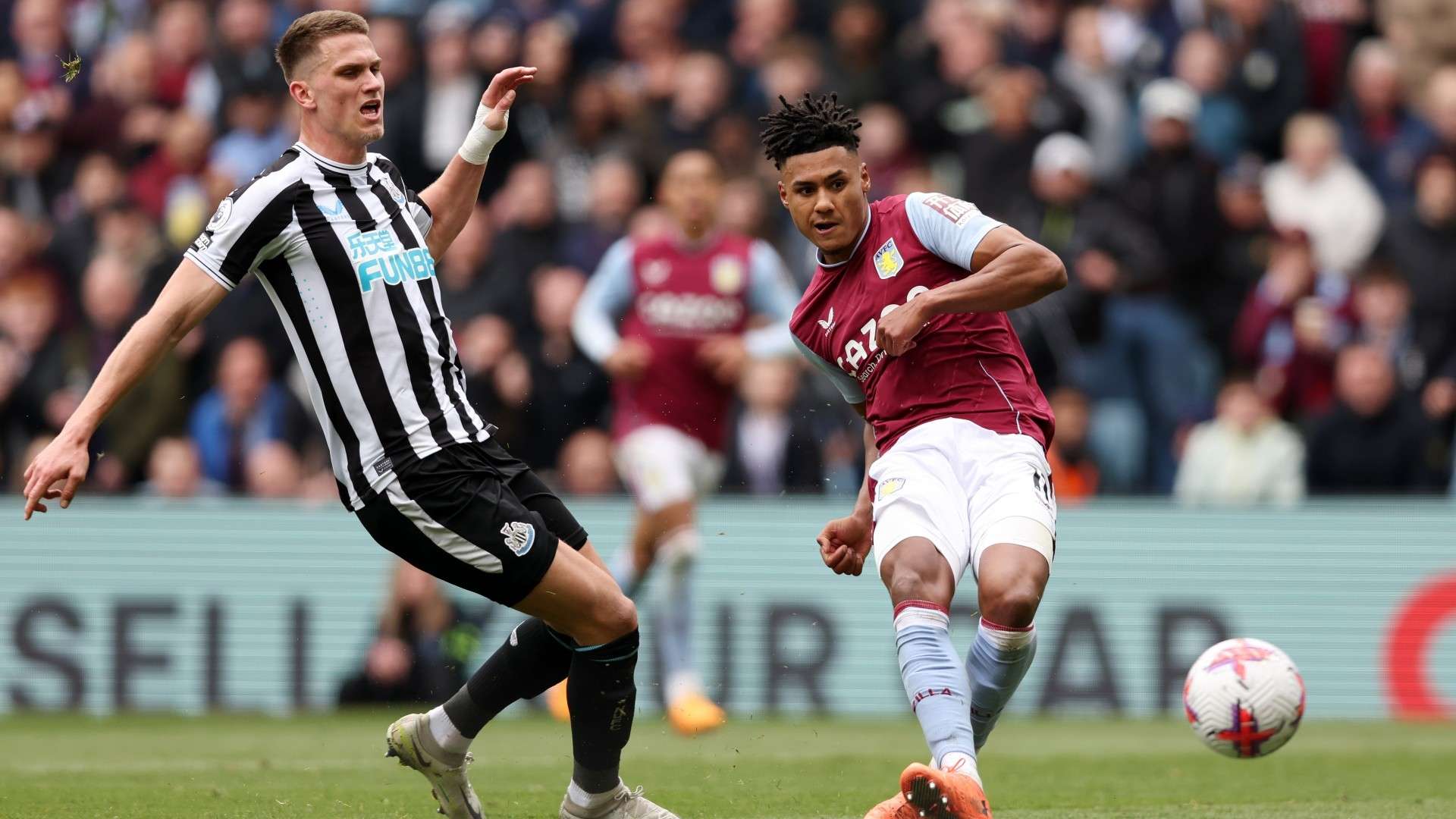Ollie Watkins Aston Villa strikes ball 2022-23