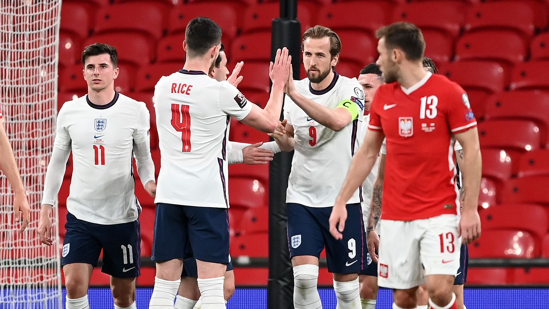 England celebrate Harry Kane goal vs Poland 2021