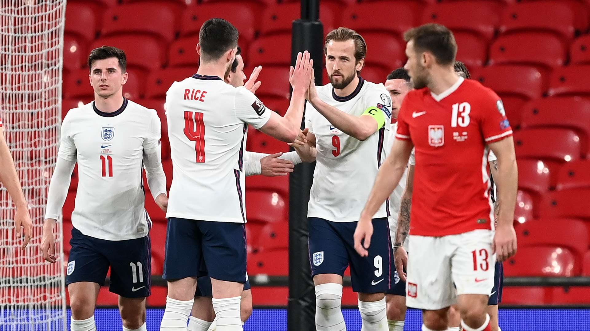 England celebrate Harry Kane goal vs Poland 2021