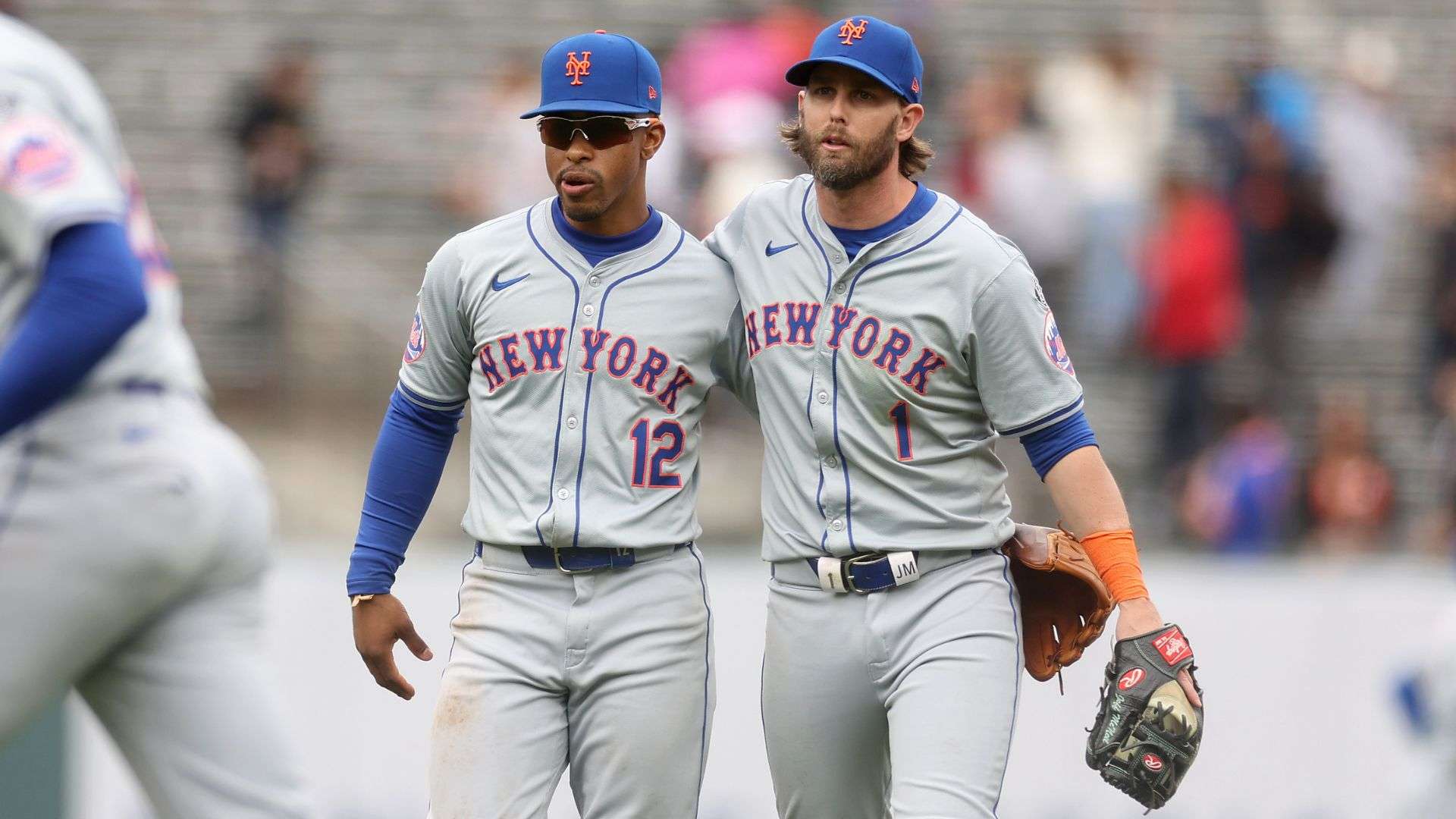 Francisco Lindor #12 and Jeff McNeil #1 of the New York Mets 