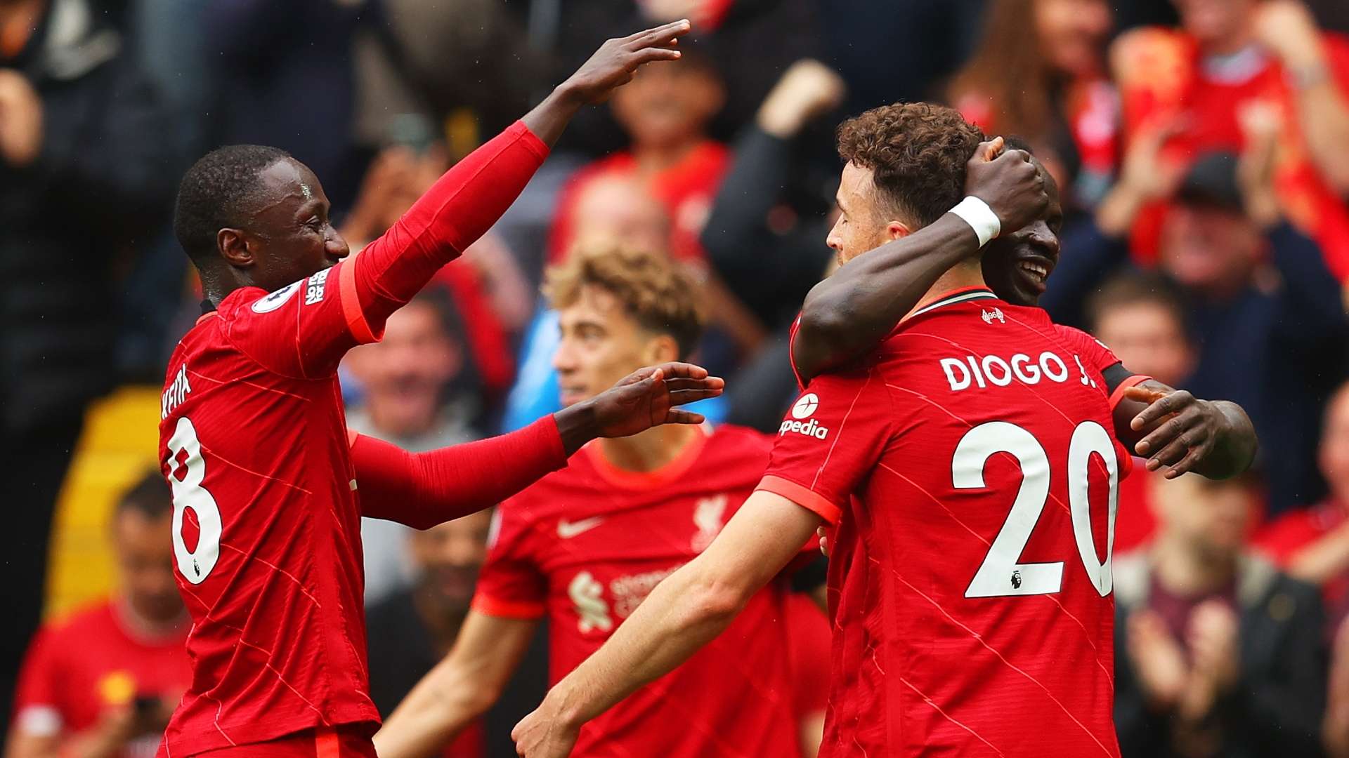 Liverpool celebrate Diogo Jota goal vs Burnley
