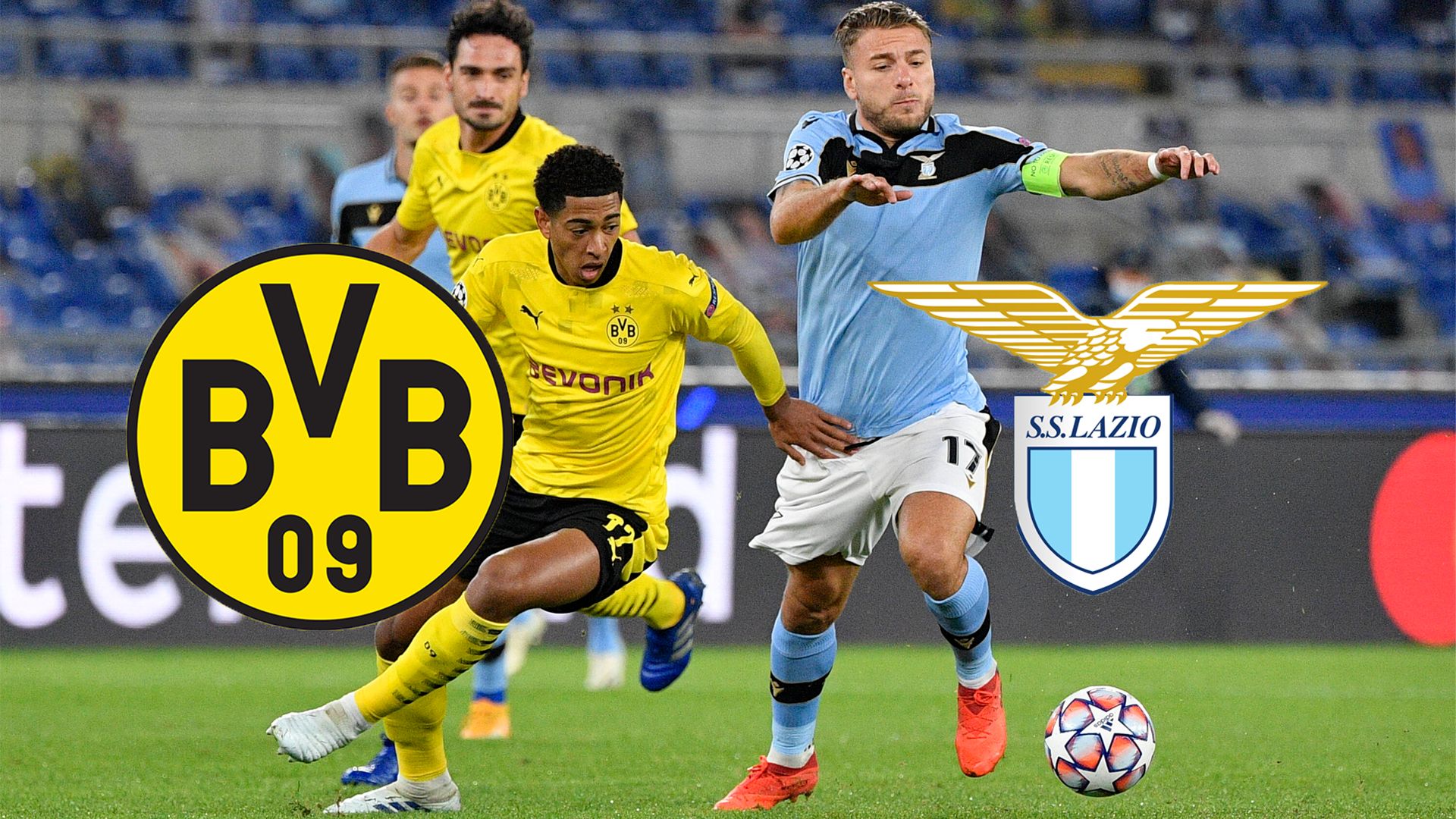 ONLY GERMANY header bvb borussia dortmund ciro immobile lazio rom jude bellingham mats hummels 2020 kampf um den ball fußball heute live dazn sky champions league tv live-stream