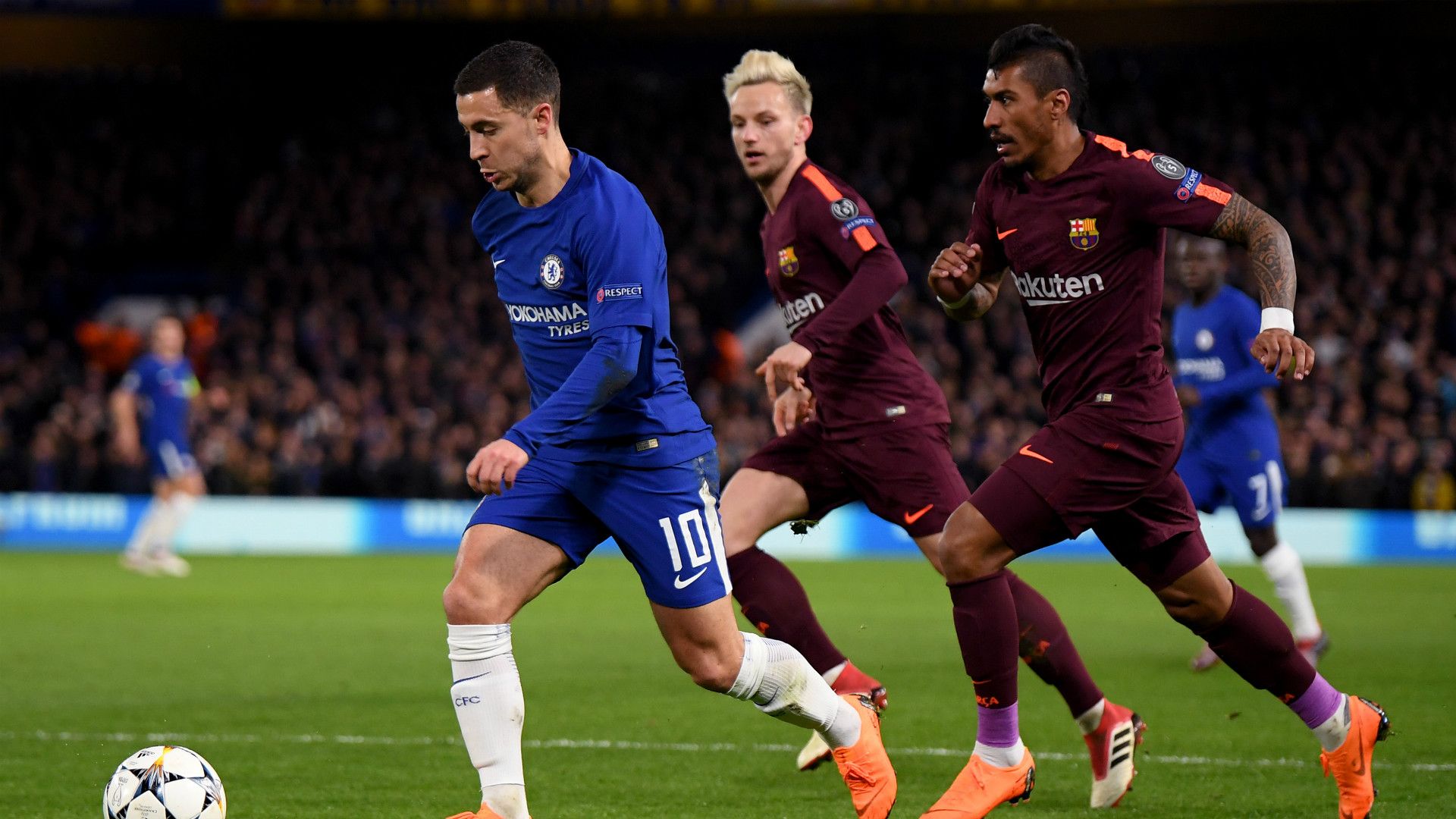 Hazard Rakitic Paulinho Messi Pedro Kante Chelsea Barcelona Champions League
