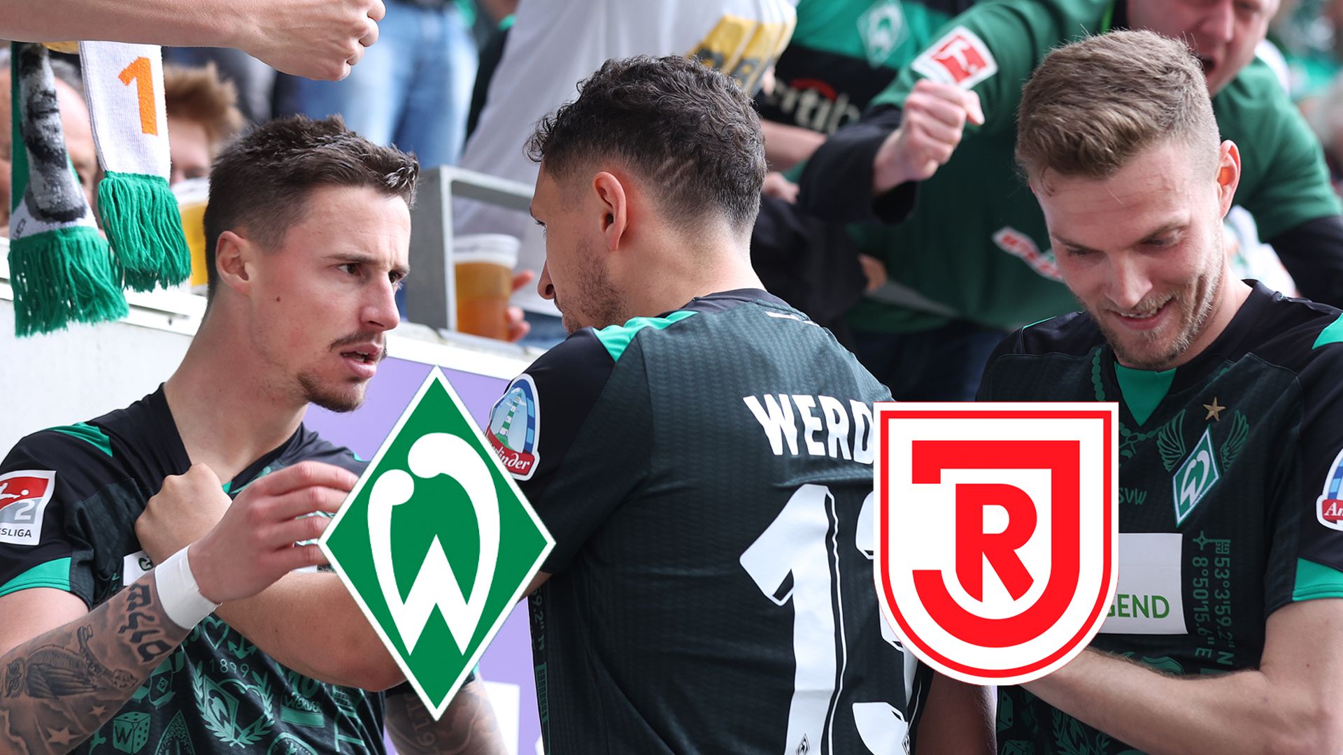 Marco Friedl jubelt mit Veljkovic Marvin Duksch Werder Bremen Jahn Regensburg
