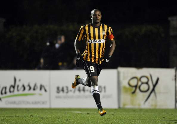 Dane Kelly #9 of the Charleston Battery celebrates after scoring a goal against the Vancouver Whitecaps FC