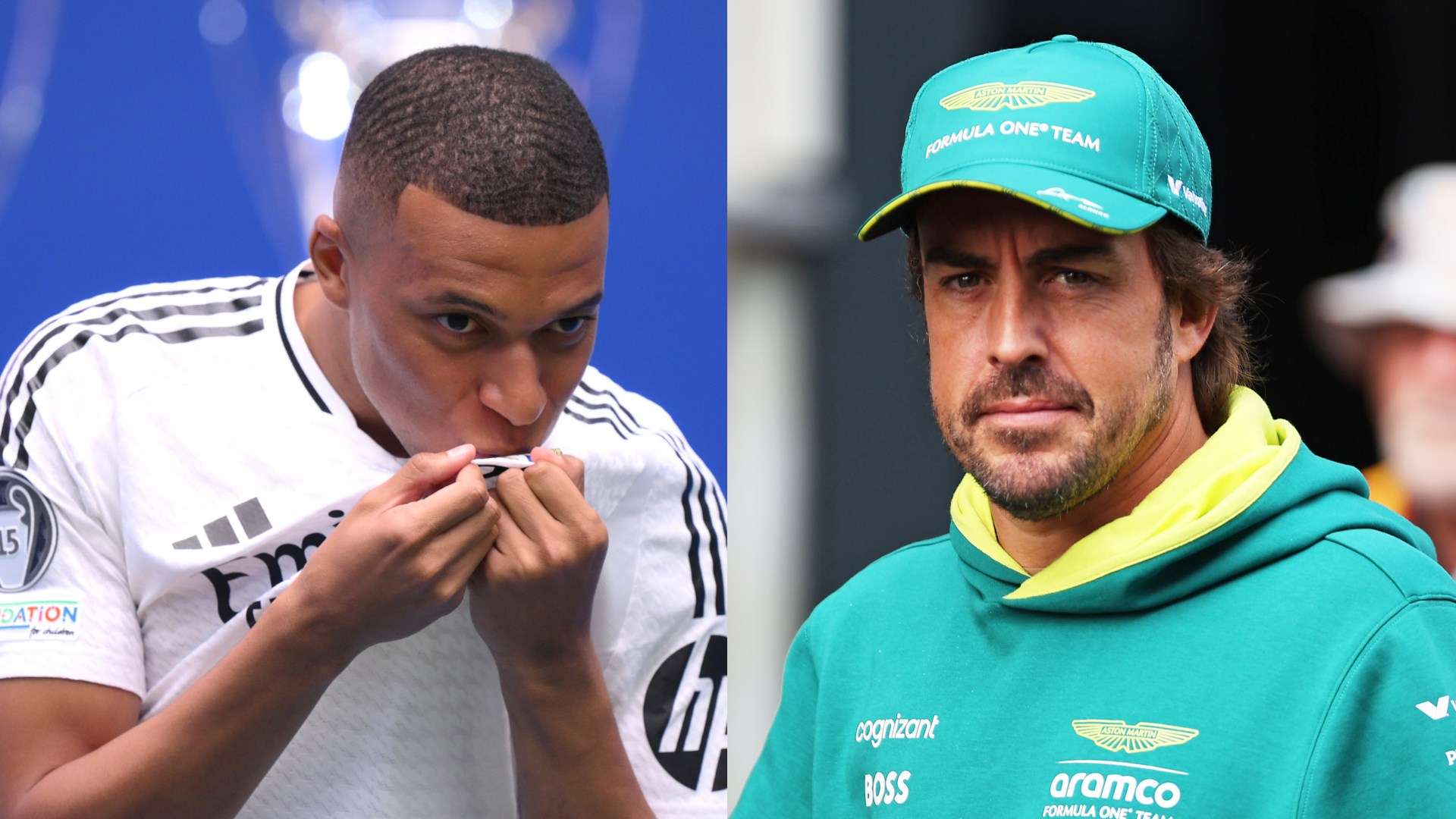 Kylian Mbappe of Real Madrid and F1 driver Fernando Alonso
