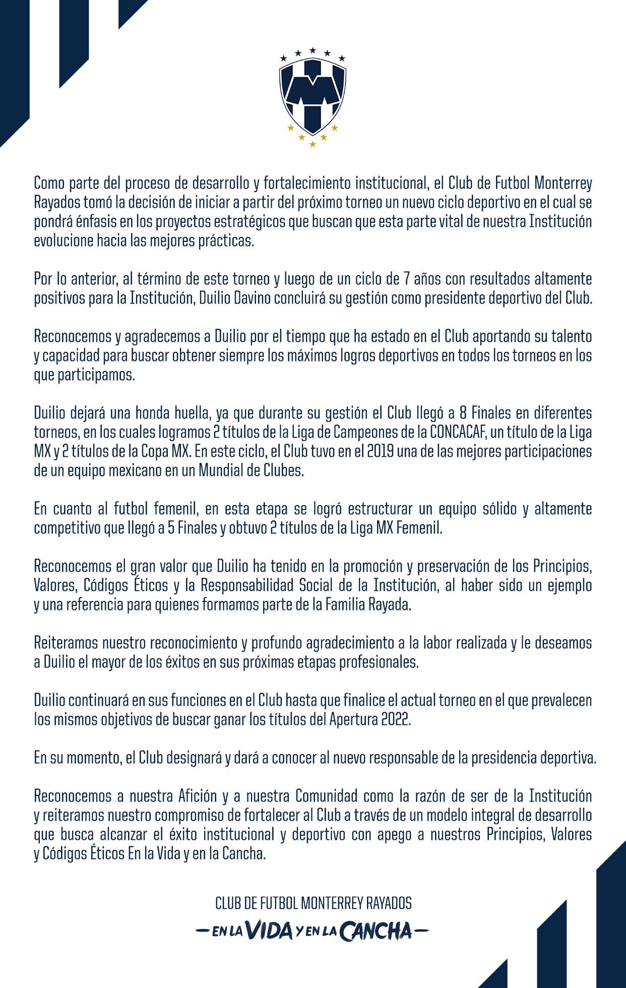 Comunicado Raysdos de Monterrey salida Duilio Davino