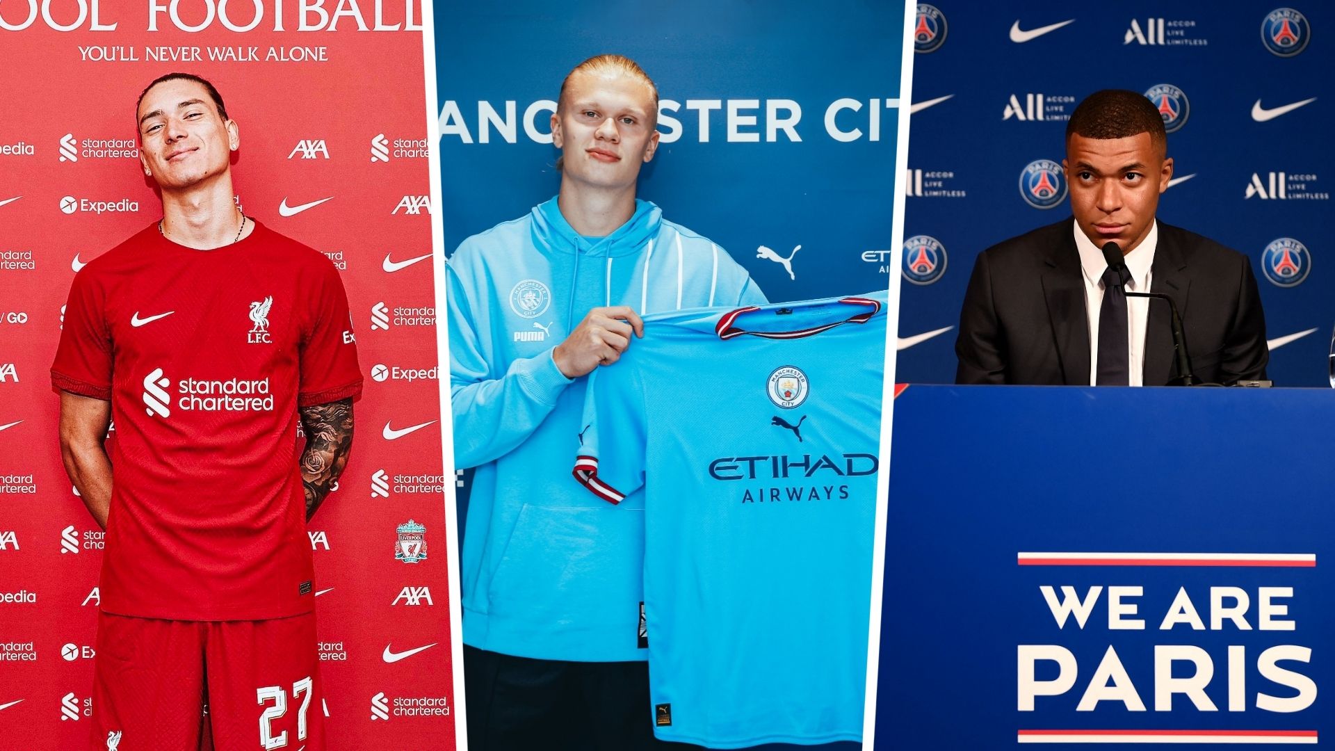 Darwin Nunez, Erling Haaland, Kylian Mbappe GFX