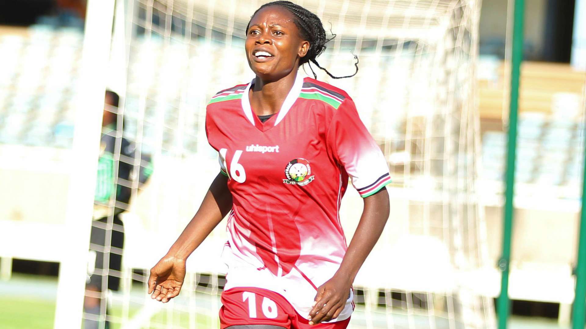 Mercy Achieng of Kenya Harambee Starlets v scoring against Ghana.