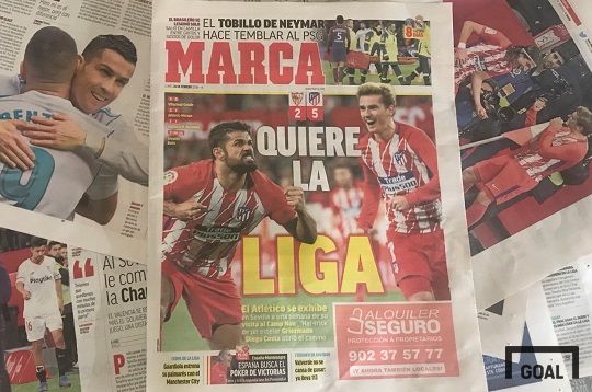 26일(현지시간) 스페인 신문 마르카 1면에 보도된 디에고 코스타와 앙투완 그리즈만. 사진=골닷컴 이하영 에디터