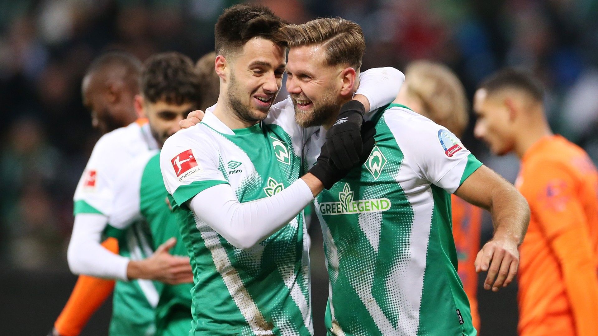 Niclas Fuellkrug of SV Werder Bremen celebrates after scoring the team's second goal with teammate Ilia Gruev