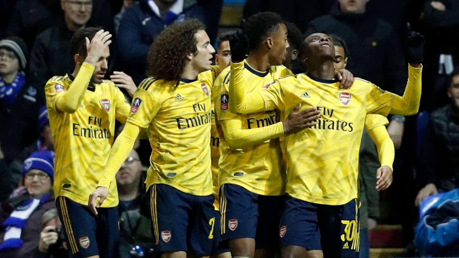 Arsenal celebrate Eddie Nketiah's goal vs Portsmouth