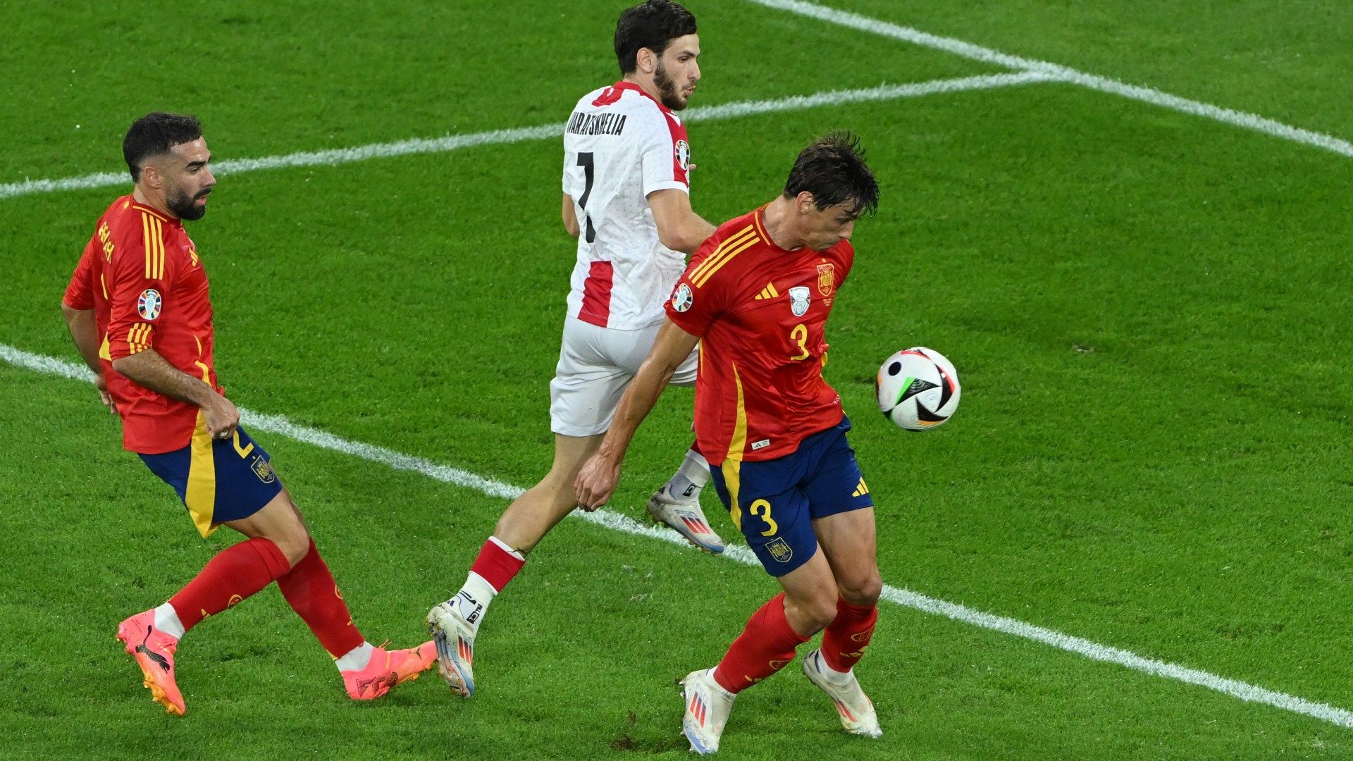 Spain's Robin Le Normand scores an own goal