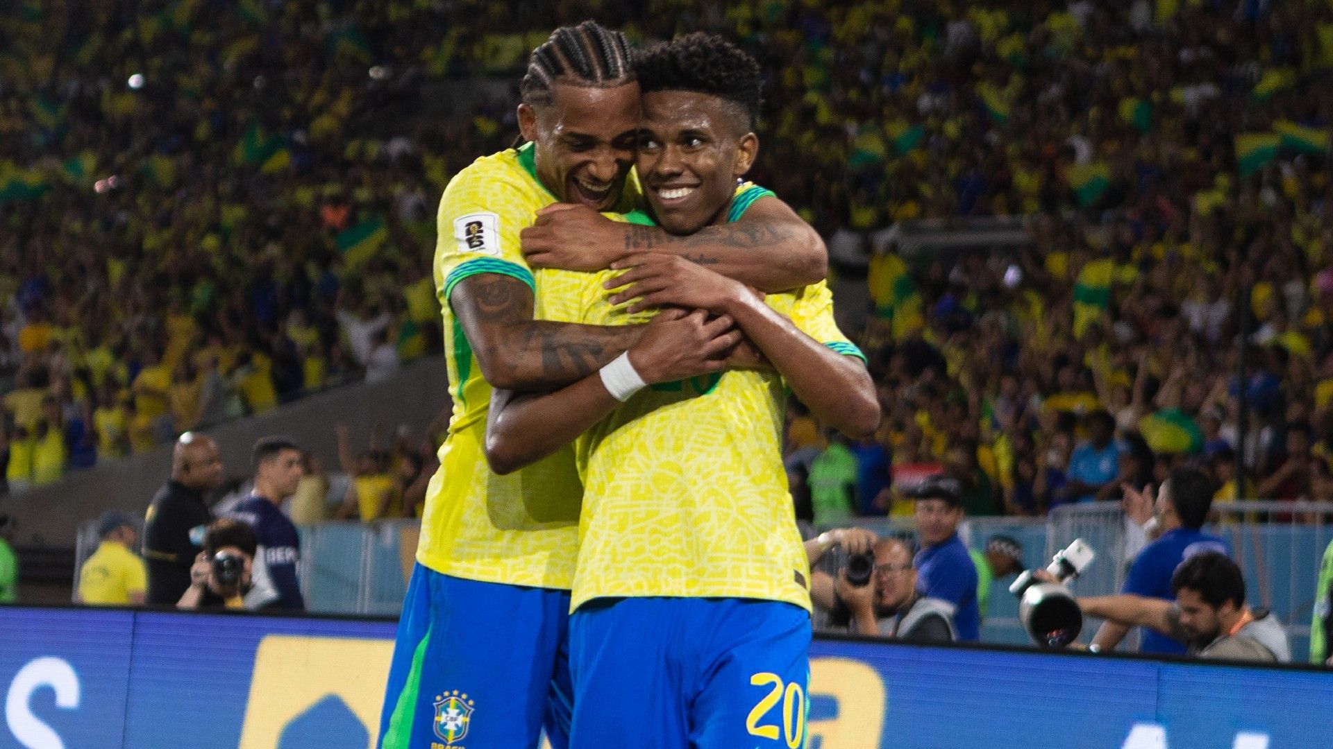 Estevao Willian of Brazil celebrates with teammate Joao Pedro
