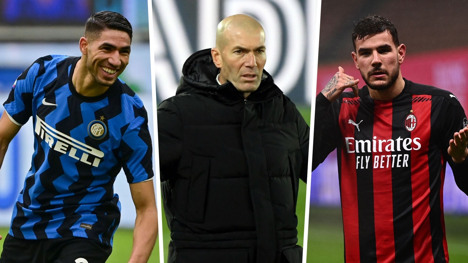 Achraf Hakimi Zinedine Zidane Theo Hernandez Inter AC Milan Real Madrid GFX