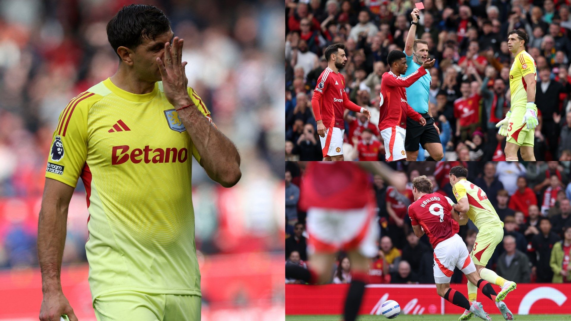 Emi Martinez, what are you doing?! Aston Villa goalkeeper shown red card in potential final appearance for Unai Emery's side after CRAZY challenge on Man Utd's Rasmus Hojlund | Goal.com UK