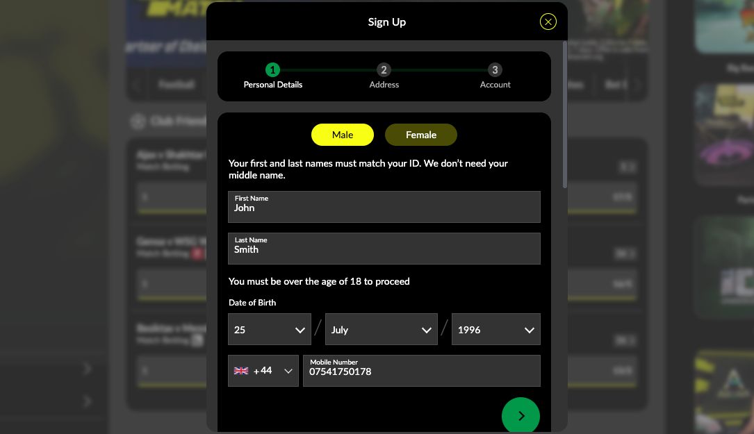 Parimatch sign-up screen