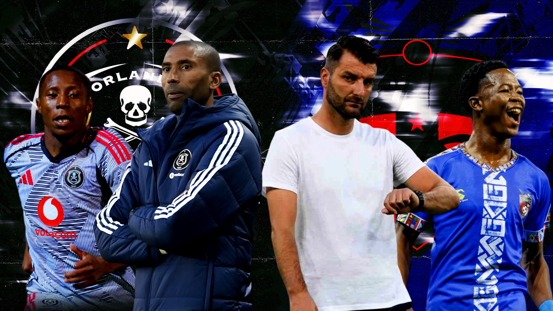 Abdeslam Ouaddou & Tshepang Moremi of Orlando Pirates, Adnan Beganovic & Seluleko Mahlambi of TS Galaxy 16-9