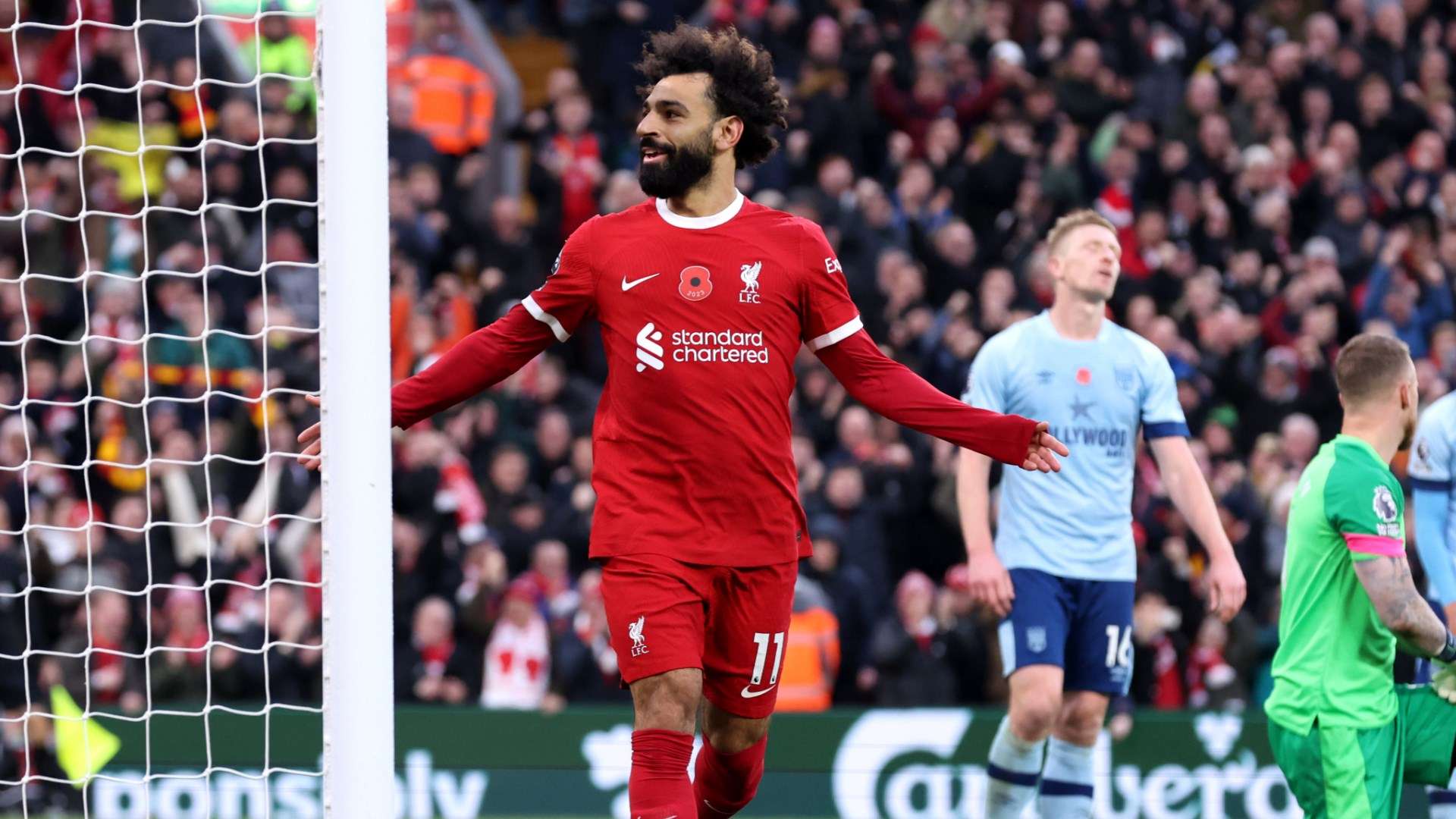 Mohamed Salah celebrates Liverpool Brentford Premier League 2023-24