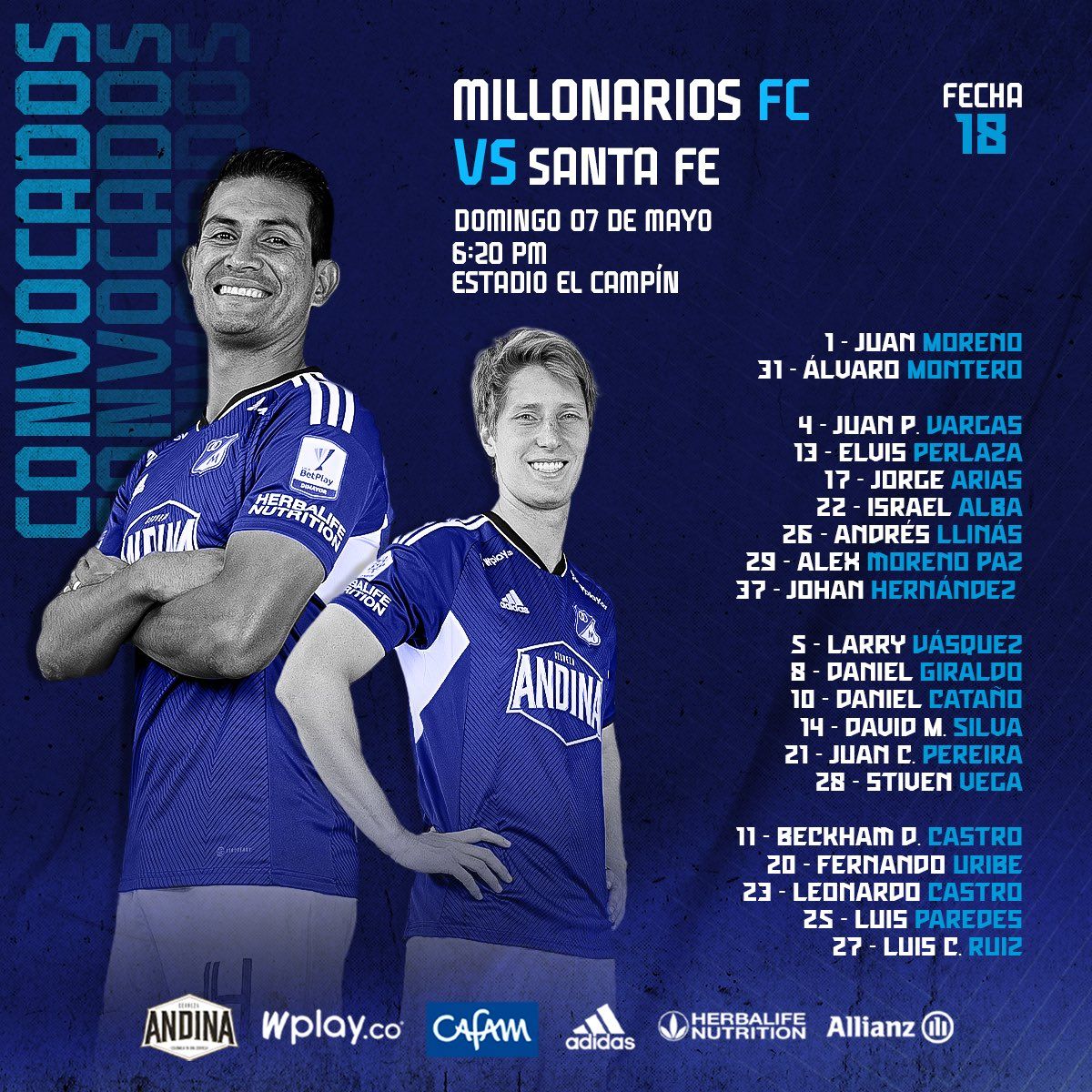 Convocados Millonarios Fecha 18 Liga BetPlay 2023