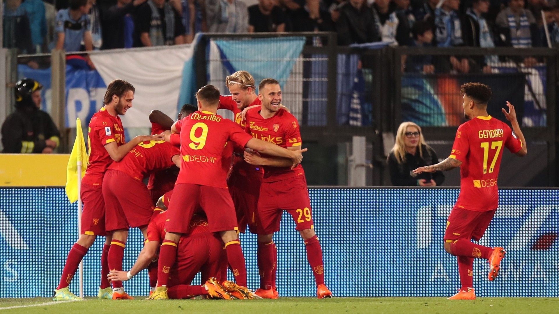 Lecce celebrates goal against Lazio