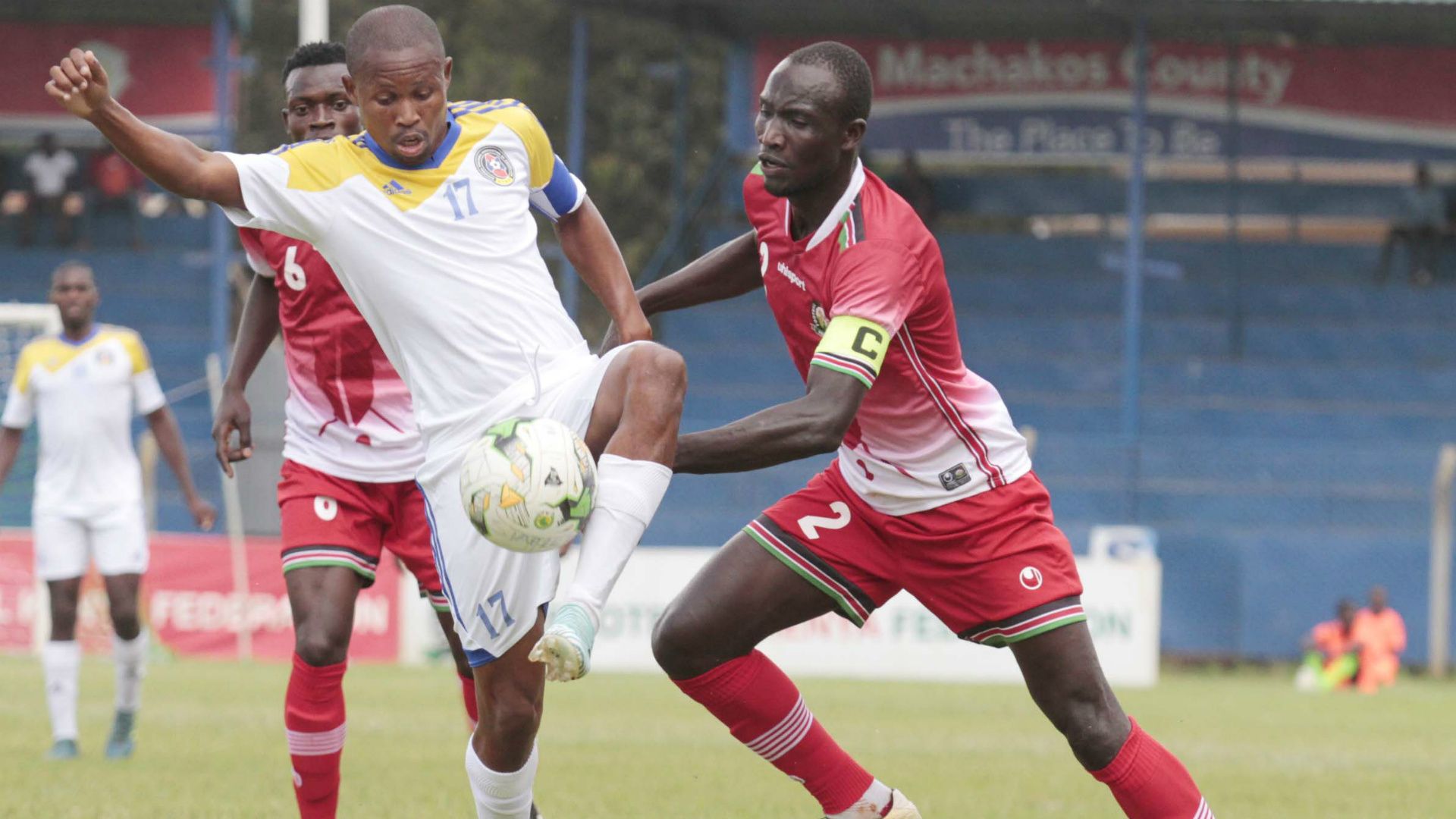 Harambee Stars defender Jockins Atudo v Swaziland.