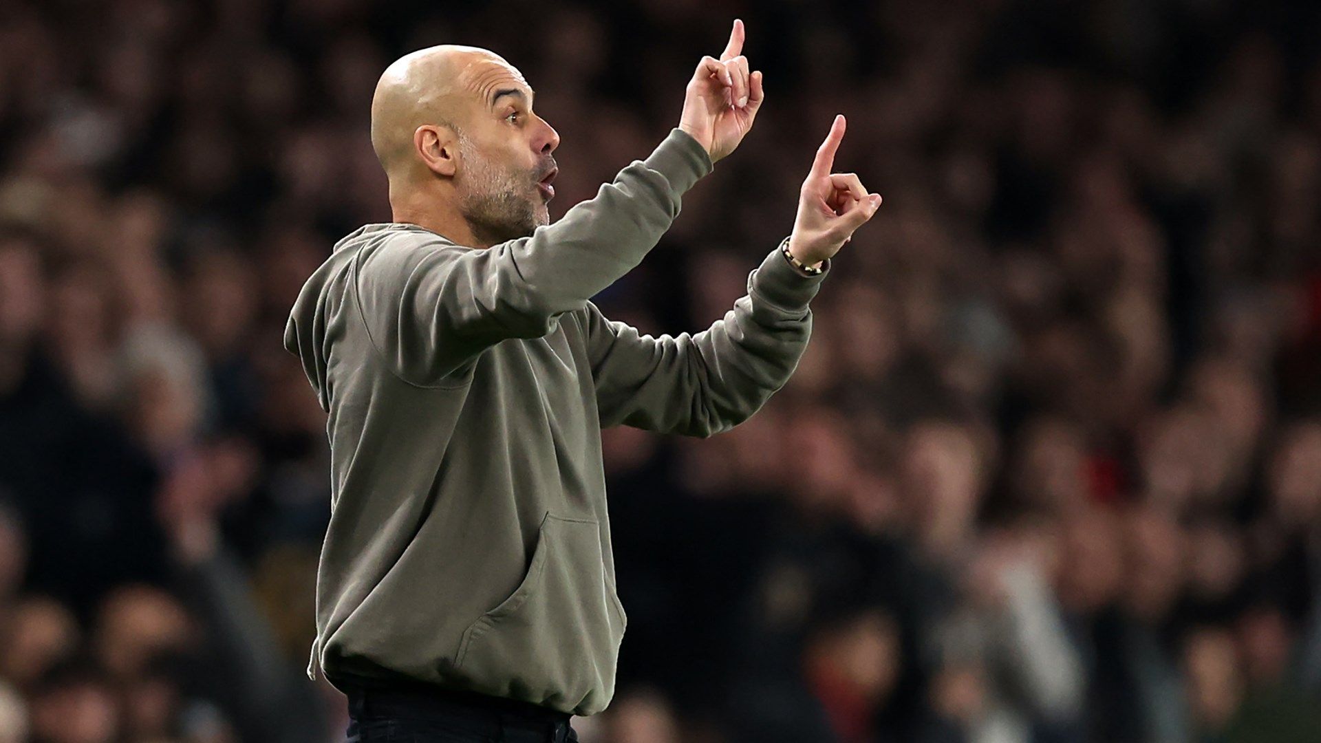 Pep Guardiola Manchester City manager gestures during win over Arsenal in 2022-23 Premier League