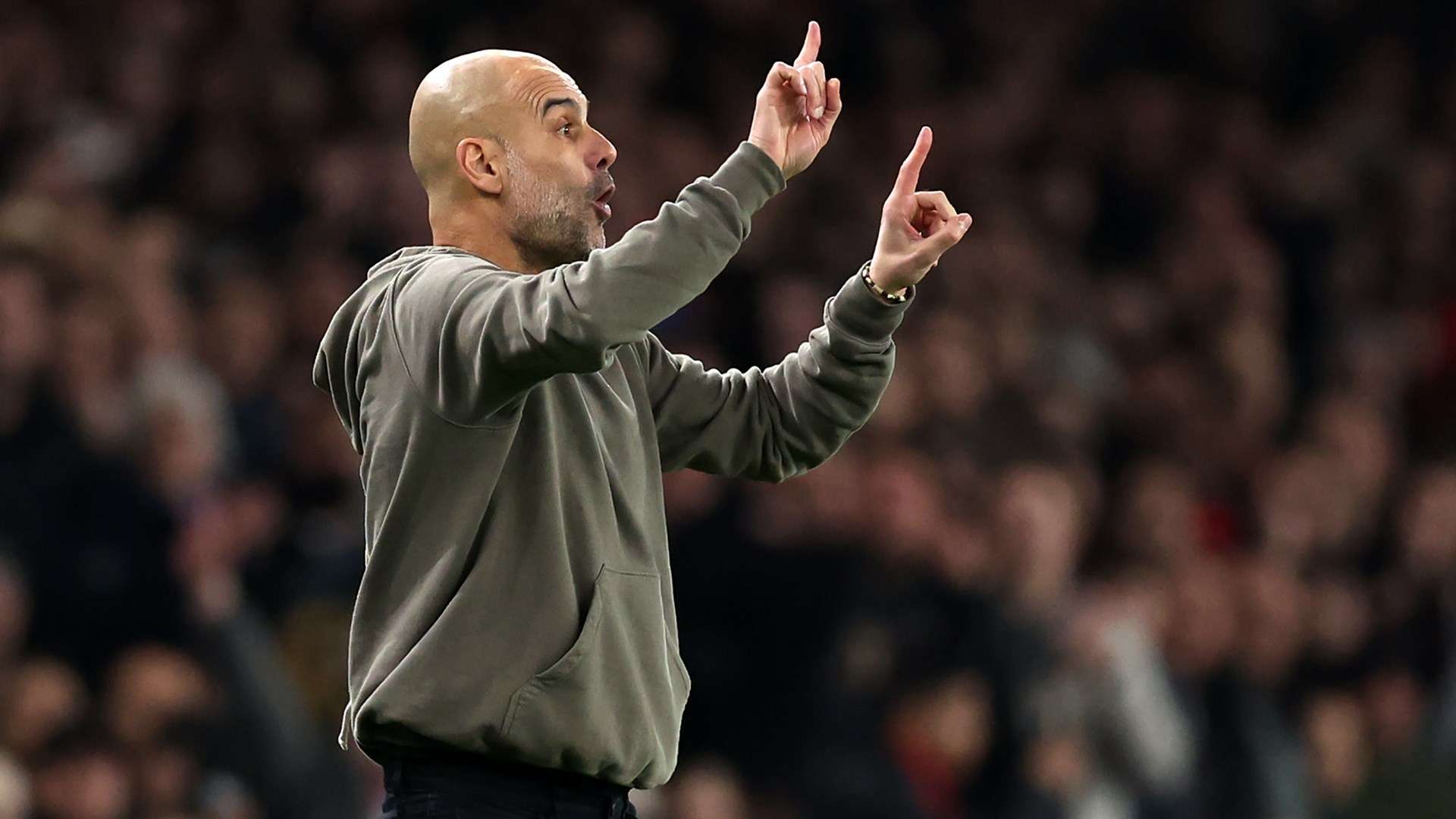 Pep Guardiola Manchester City manager gestures during win over Arsenal in 2022-23 Premier League