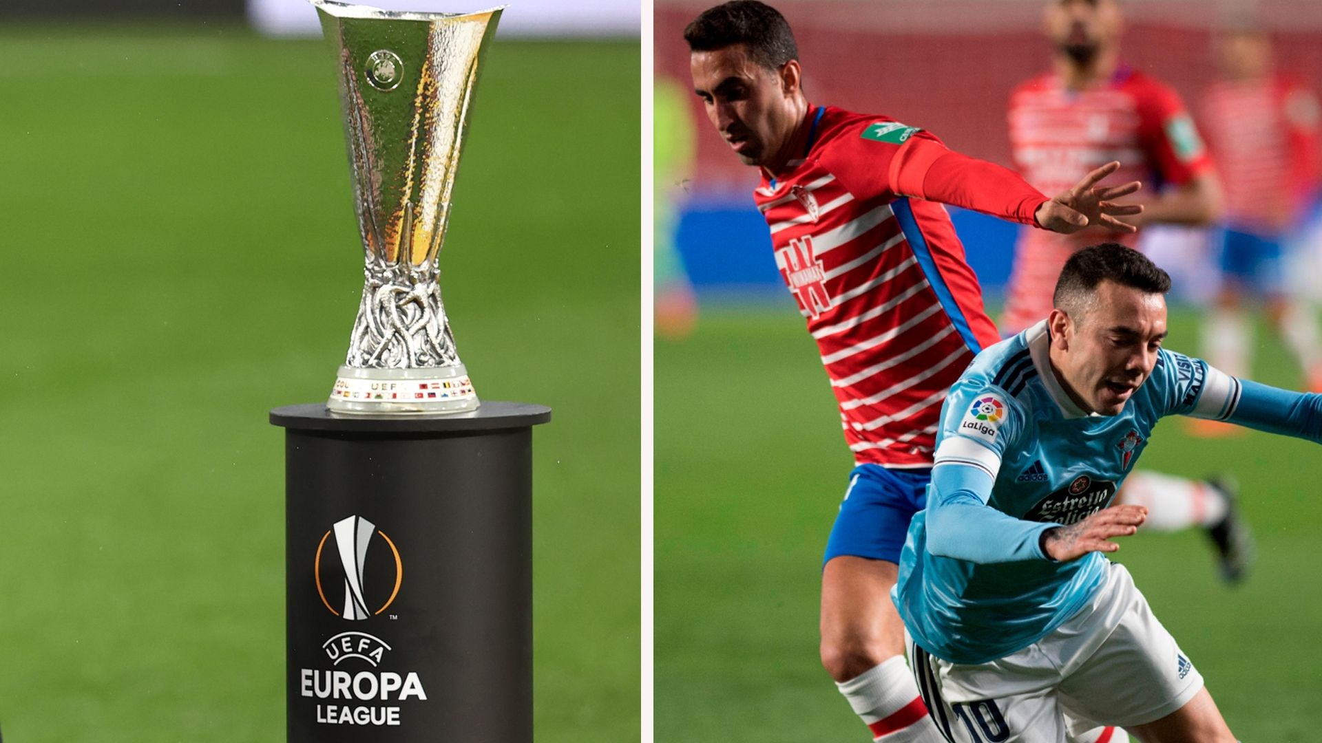 El trofeo de la Europa League junto a Celta y Granada