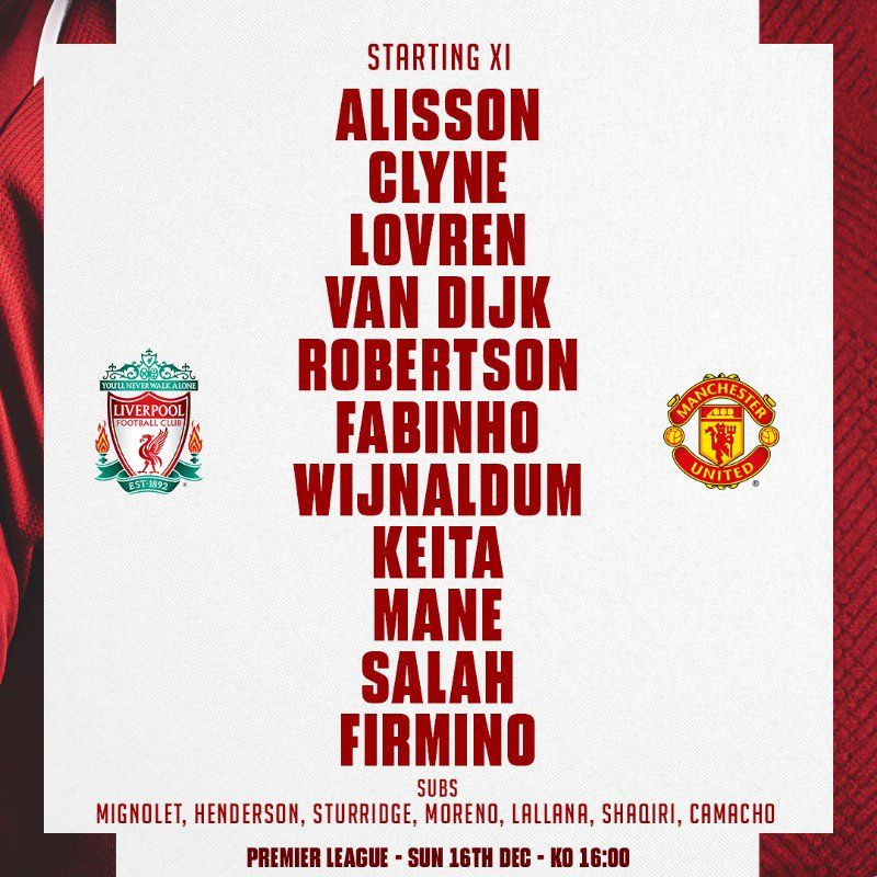 Liverpoool Line up EPL 161218