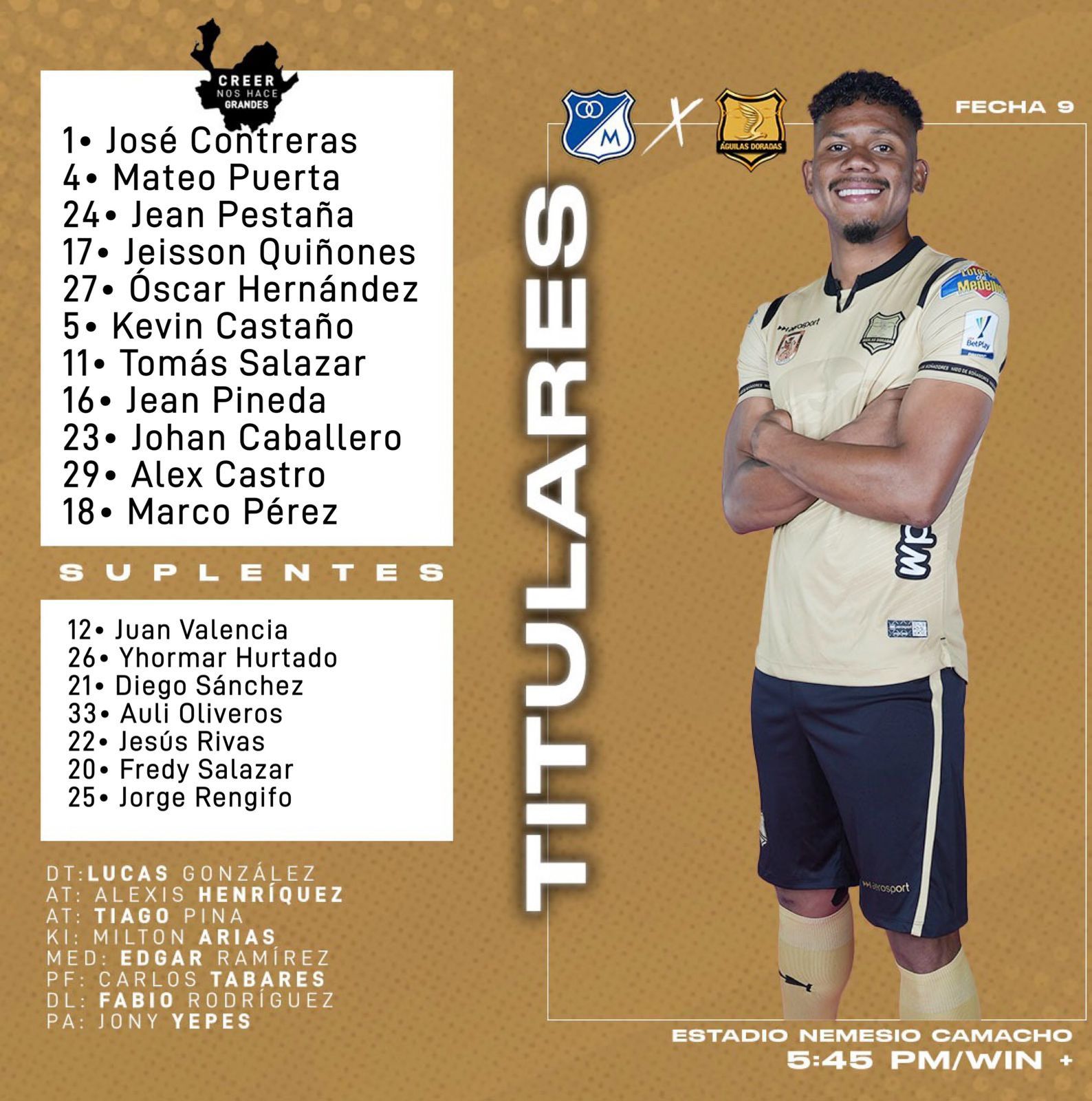 Nómina Águilas Fecha 9 Liga BetPlay 2023