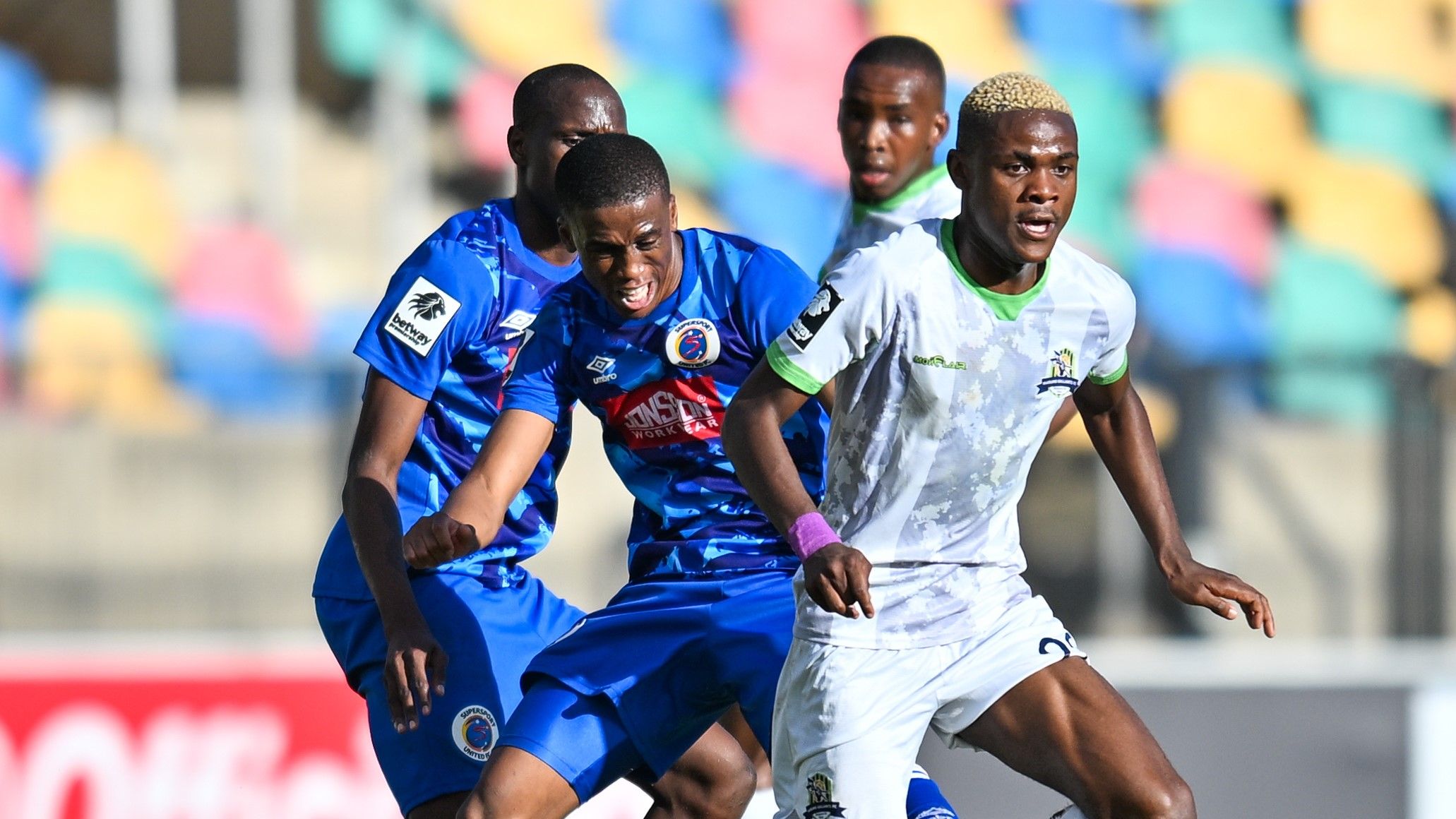 Daniel Msendami of Marumo Gallants in action against Gape Moralo of SuperSport United