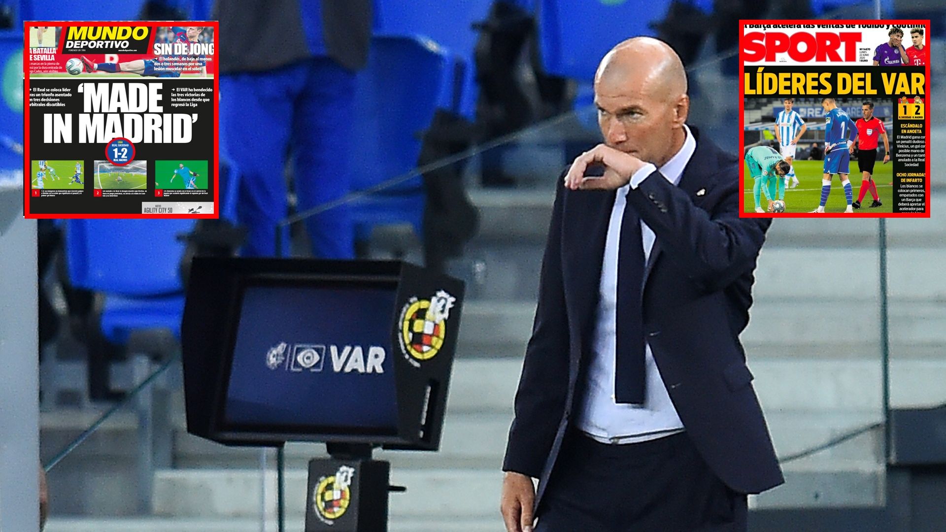 Zidane y el VAR junto a las portadas de la prensa catalana tras el Real Sociedad vs. Real Madrid
