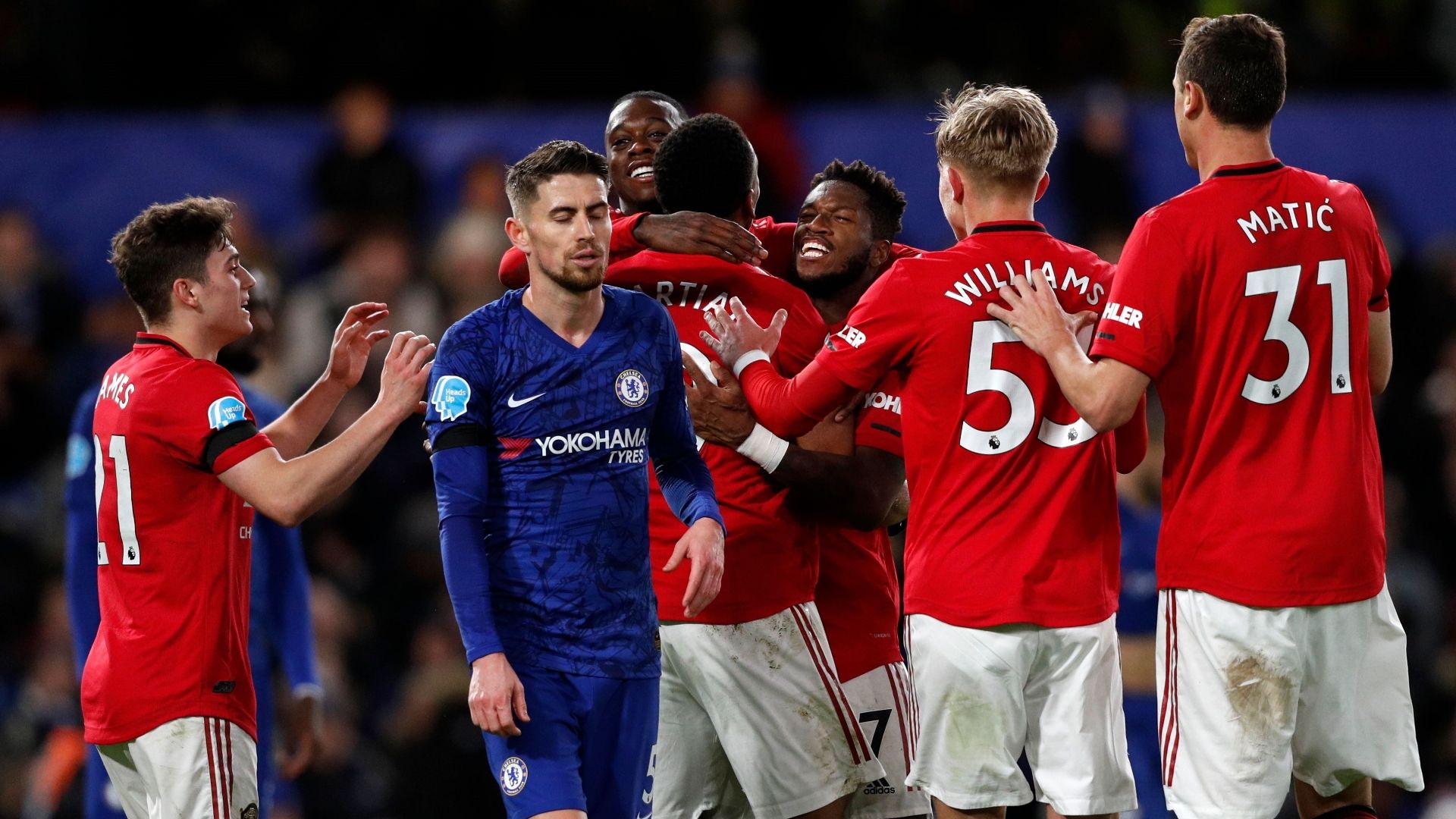 Man Utd celebrate Anthony Martial goal vs Chelsea