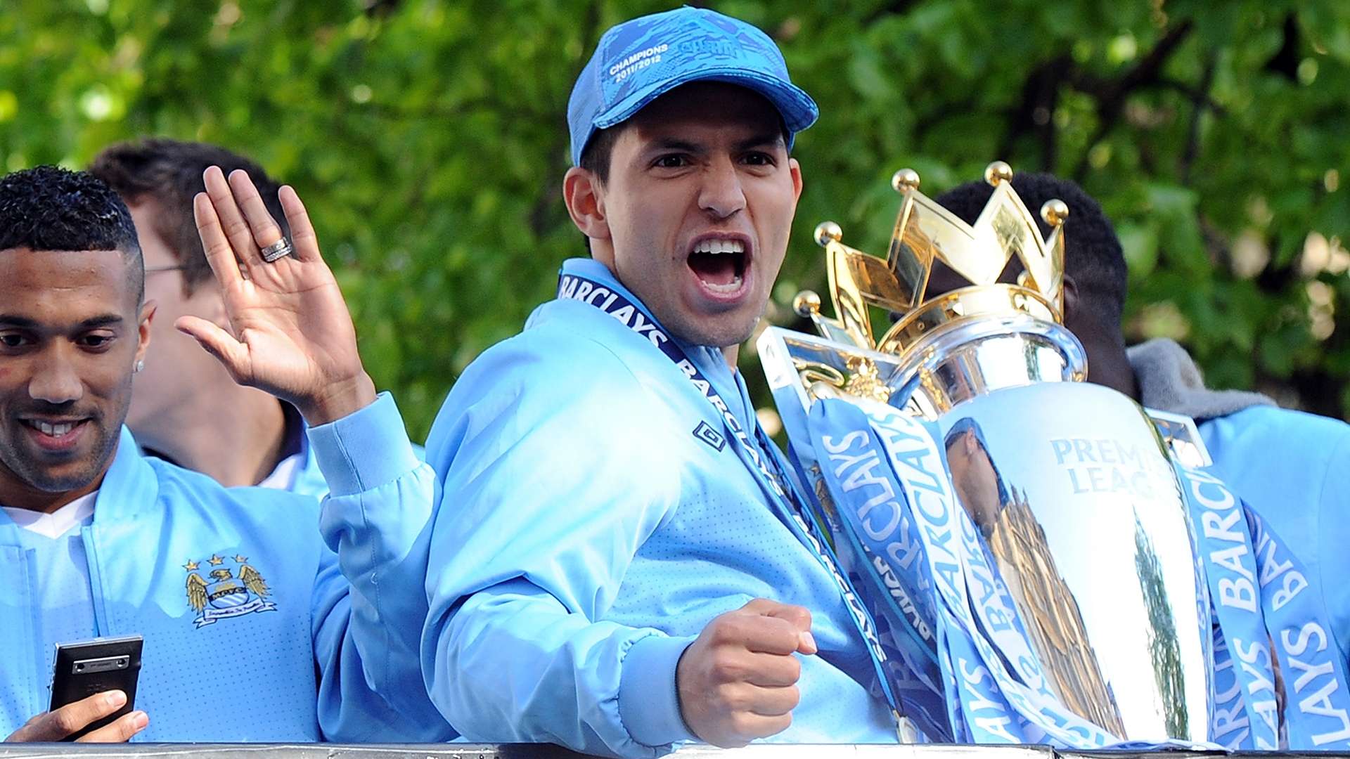 Sergio Aguero Manchester City Premier League trophy 2012
