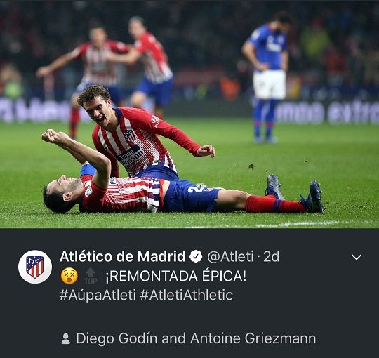 라리가 12라운드 아틀레틱 빌바오전에서 극적인 결승골을 넣고 기뻐하는 아틀레티코 마드리드 선수 고딘과 그리즈만. 사진 출처=아틀레티코마드리드 트위터